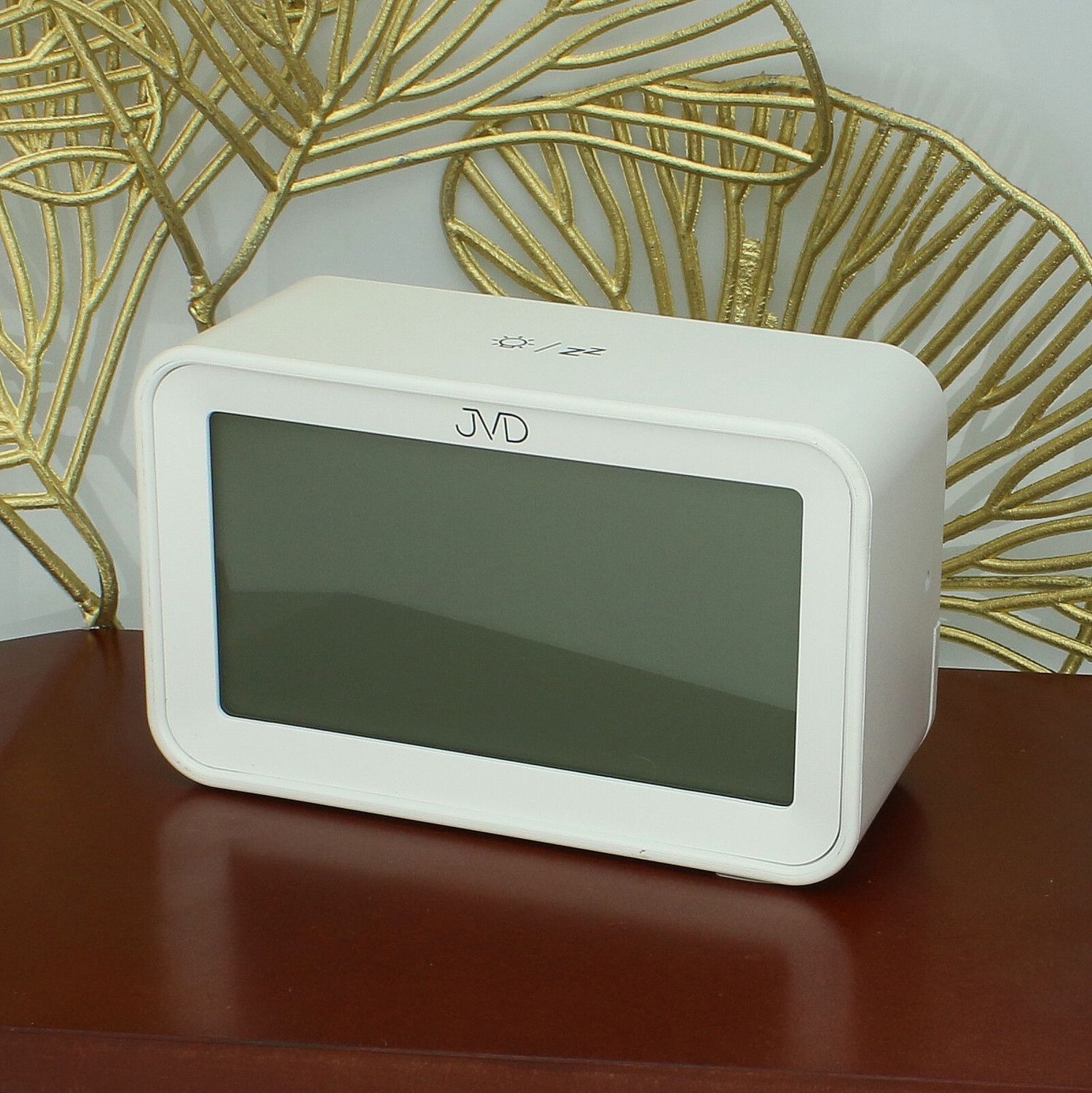 Budzik JVD RB3544.1 zegar sterowany radiowo biały. Budzik sterowany radiowo . Budzik elektroniczny z drzemką. Srebrny budzik z termometrem. Budziki radiowe..jpg