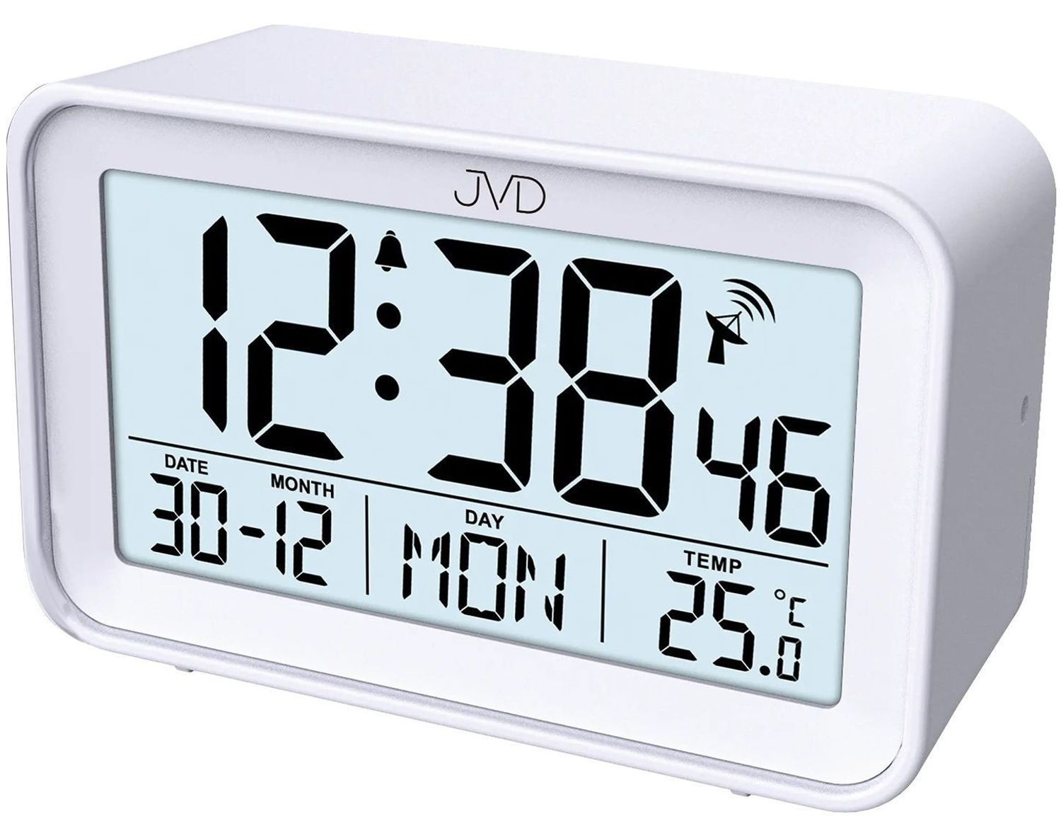 Budzik JVD RB3544.1 zegar sterowany radiowo biały. Budzik sterowany radiowo . Budzik elektroniczny z drzemką. Srebrny budzik z termometrem. Budziki radiowe..jpg