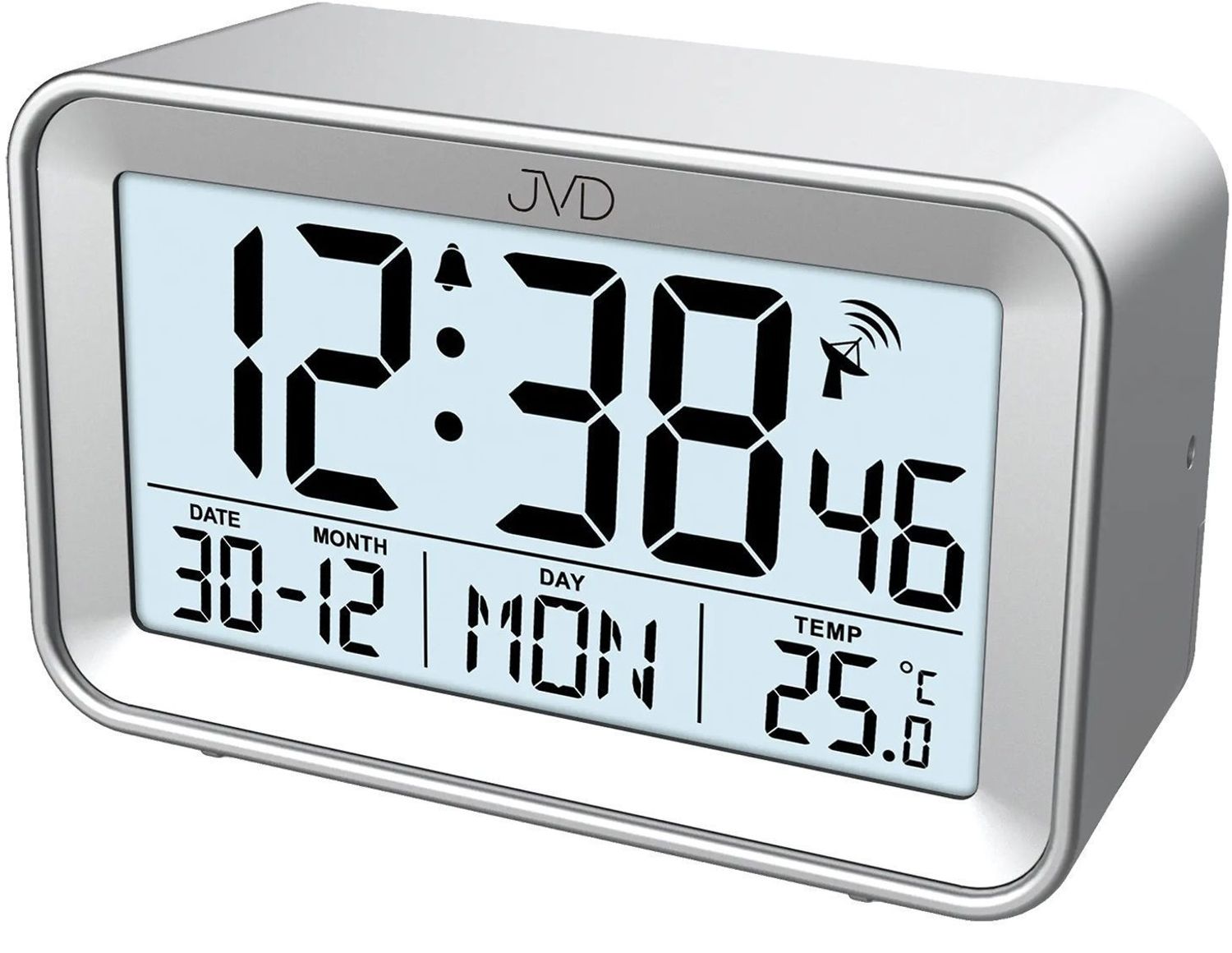 Budzik JVD RB3544.2 zegar sterowany radiowo srebrny. Budzik sterowany radiowo . Budzik elektroniczny z drzemką. Srebrny budzik z termometrem. Budziki radiowe..jpg