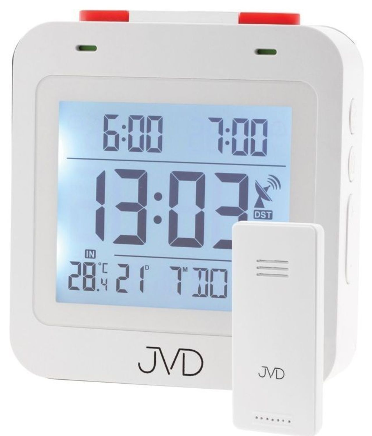 Budzik cyfrowy stacja pogody JVD RB3552.1 Zielony cyfrowy budzik z pomiarem temperatury i wyświetlaniem dni tygodnia JVD RB3552.1. Mechanizm Budzik cyfrowy JVD z termometrem sterowany radiowo RB3552.1 wyposażony.jpg