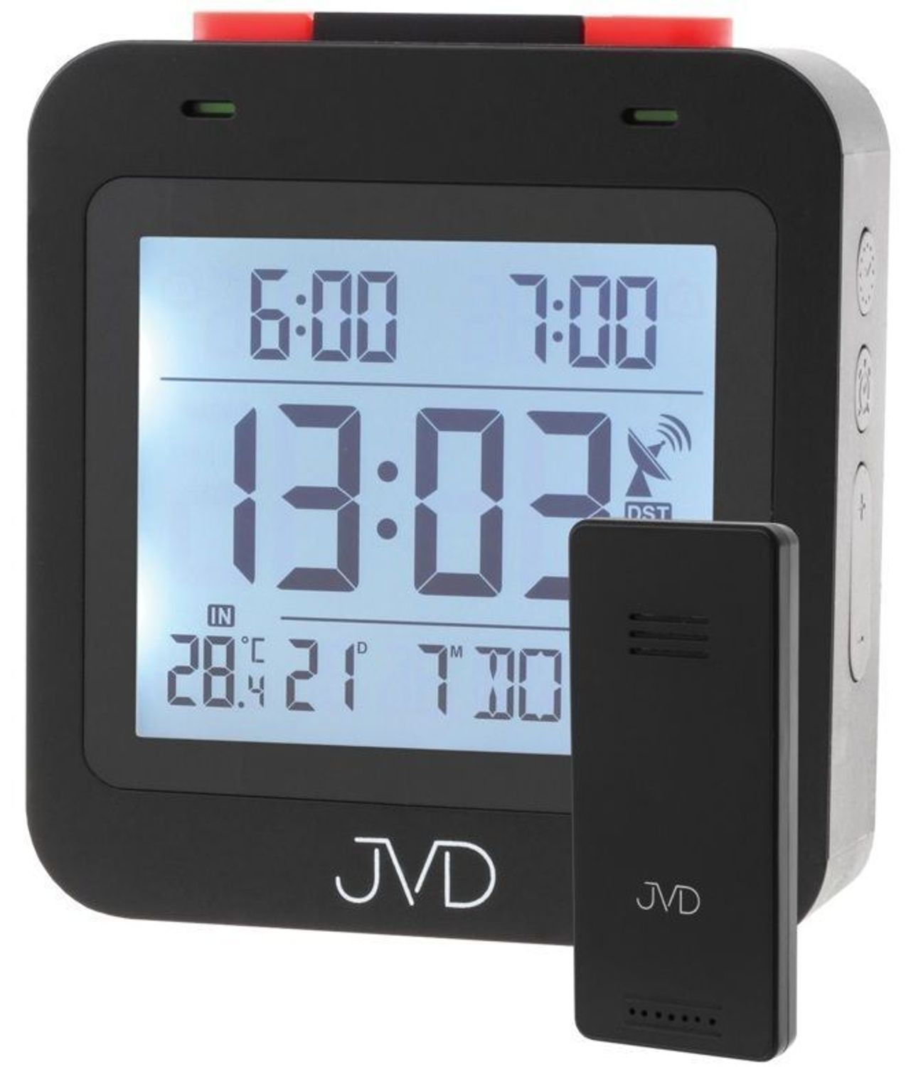 Budzik cyfrowy stacja pogody JVD RB3552.2 Budzik cyfrowy JVD z termometrem sterowany radiowo RB3552.2 wyposażony jest w kwarcowy mechanizm, zasilany za pomocą baterii. Dodatkowo wyposażony jest w zasilacz sieciow.jpg