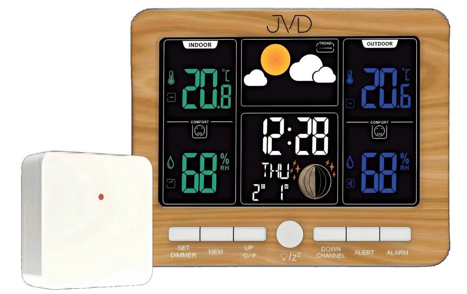 Stacja pogody JVD RB6685.2 – zegar radiowy, termometr, higrometr, budzik, drewno.jpg