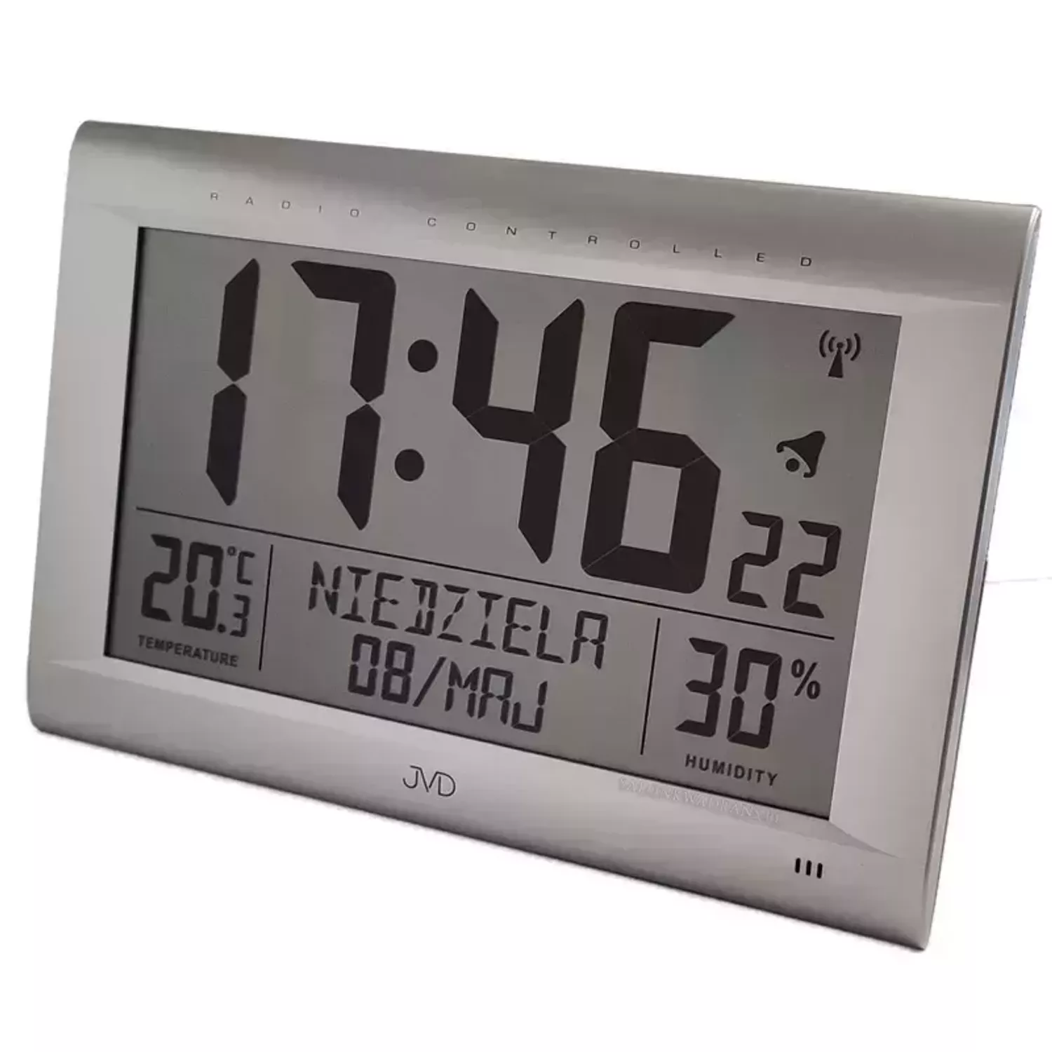 Zegar cyfrowy z wyświetlaczem i alarmem, sterowany radiem czarny JVD RB9075.2 srebrny.webp