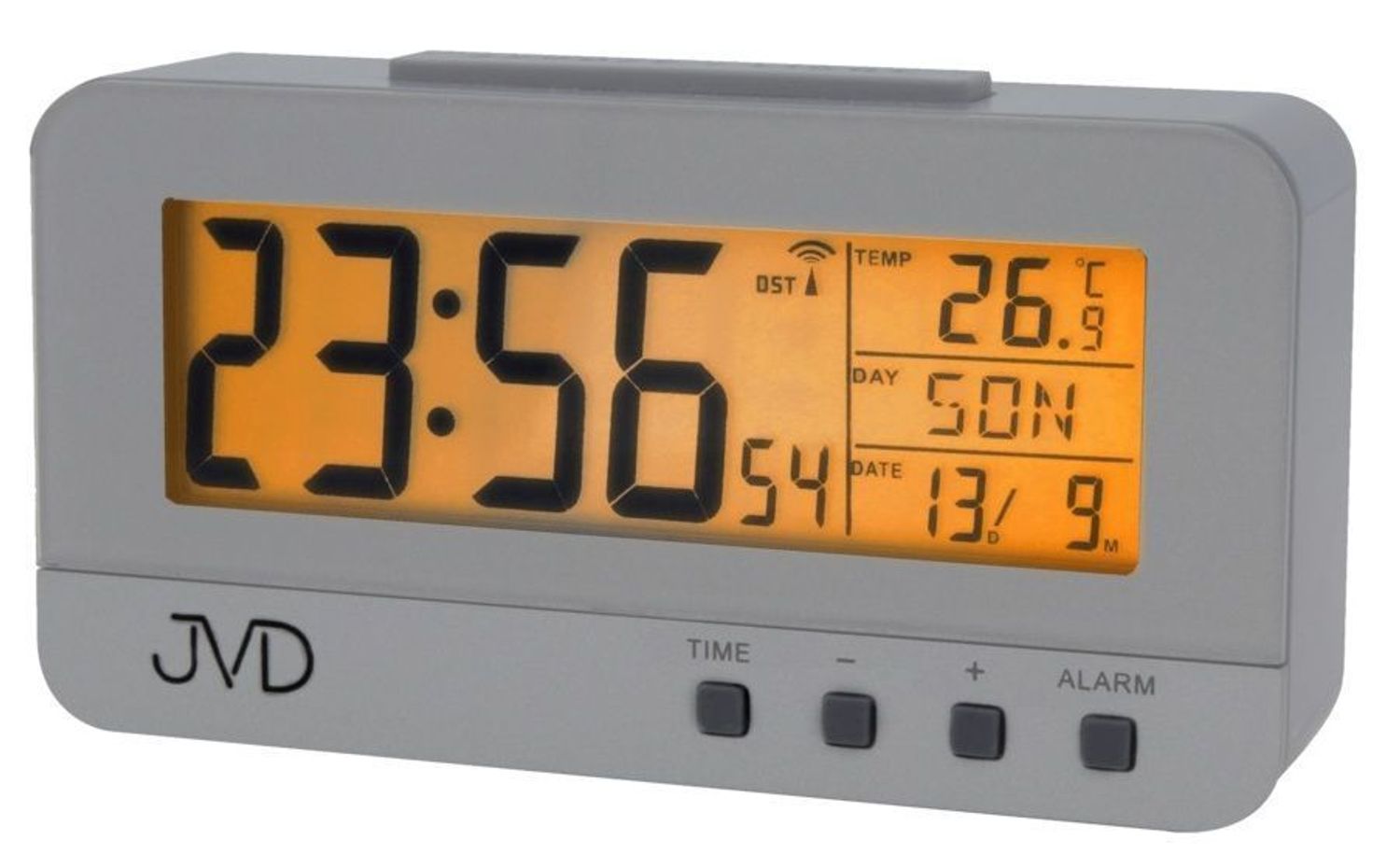 Cyfrowy budzik z pomiarem temperatury i wyświetlaniem dni tygodnia JVD RB91 SZARY Budzik cyfrowy JVD z termometrem sterowany radiowo RB91 wyposażony jest w kwarcowy mechanizm, zasilany za pomocą baterii..jpg