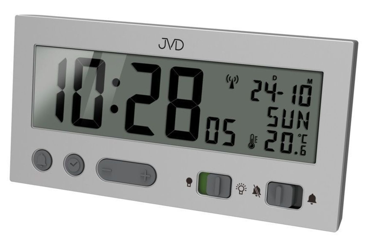 Zegar cyfrowy JVD stacja pogody sterowana radiowo RB9410.1. Budzik elektroniczny radiocontrol marki JVD RB9410.1 z polskim menu wyposażony jest w kwarcowy mechanizm, zasilany za pomocą baterii. Dodatkowo wyposażo.jpg