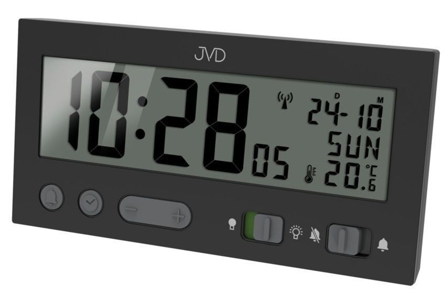 Zegar cyfrowy JVD stacja pogody sterowana radiowo RB9410.2, Budzik elektroniczny radiocontrol marki JVD RB9410.2 z polskim menu wyposażony jest w kwarcowy mechanizm, zasilany za pomocą baterii. Dodatkowo wyposażo.jpg