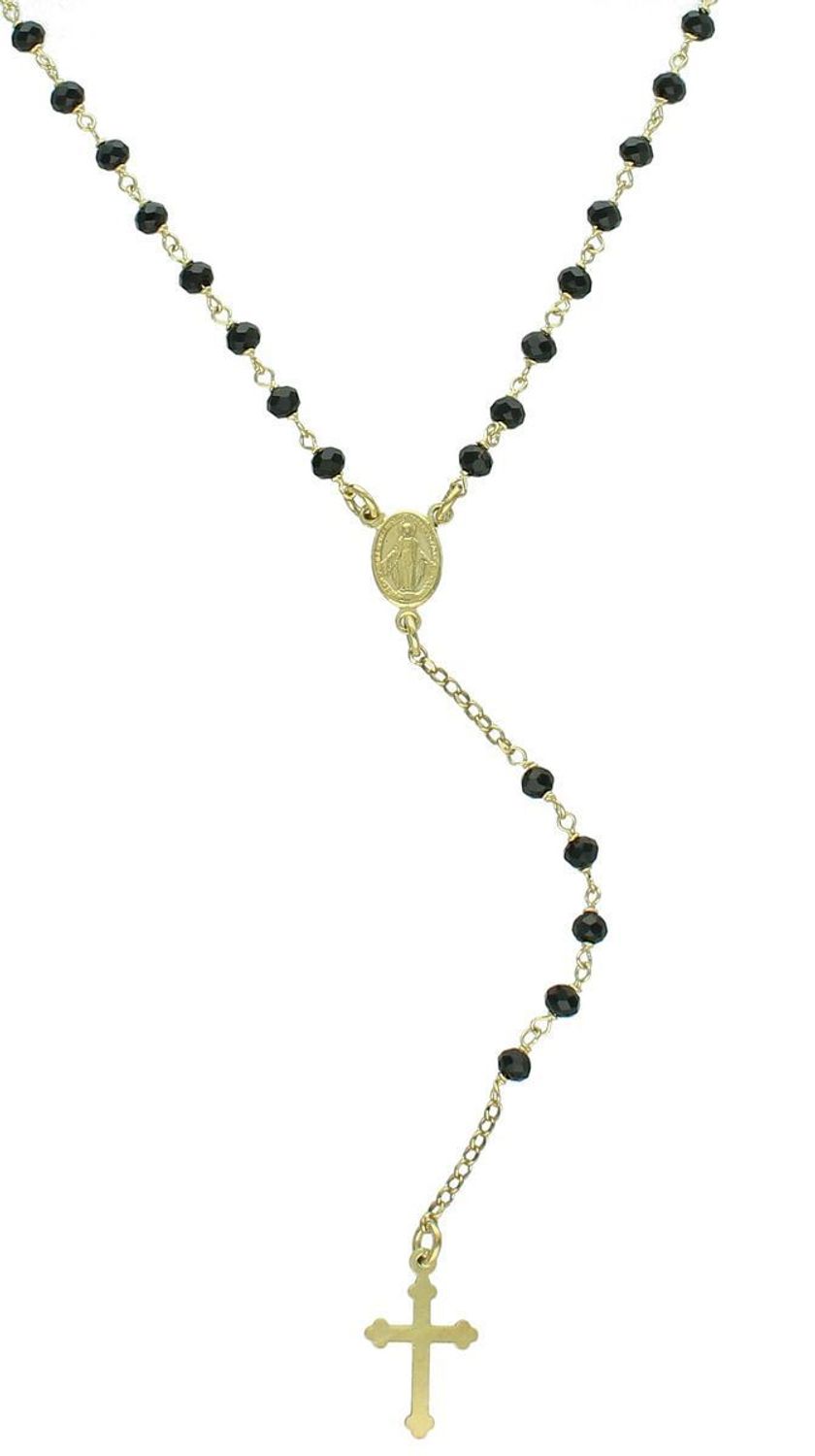 Pozłacany różaniec ze srebra próby 925 zdobiony czarnymi kryształkami. Długość łańcuszka 50 cm + 2 cm, długość elementu wiszącego 10 cm. Waga 6,40 g. Idealny prezent duchowy i modny dodatek.1.jpg