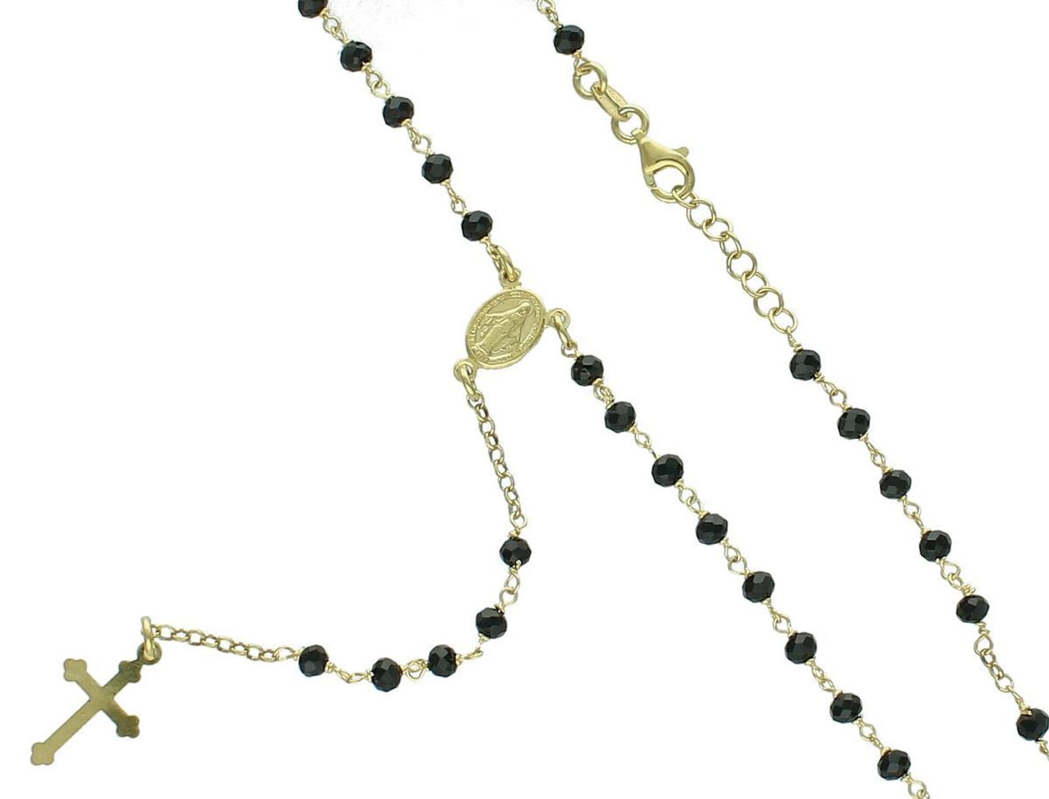 Pozłacany różaniec ze srebra próby 925 zdobiony czarnymi kryształkami. Długość łańcuszka 50 cm + 2 cm, długość elementu wiszącego 10 cm. Waga 6,40 g. Idealny prezent duchowy i modny dodatek.1.jpg