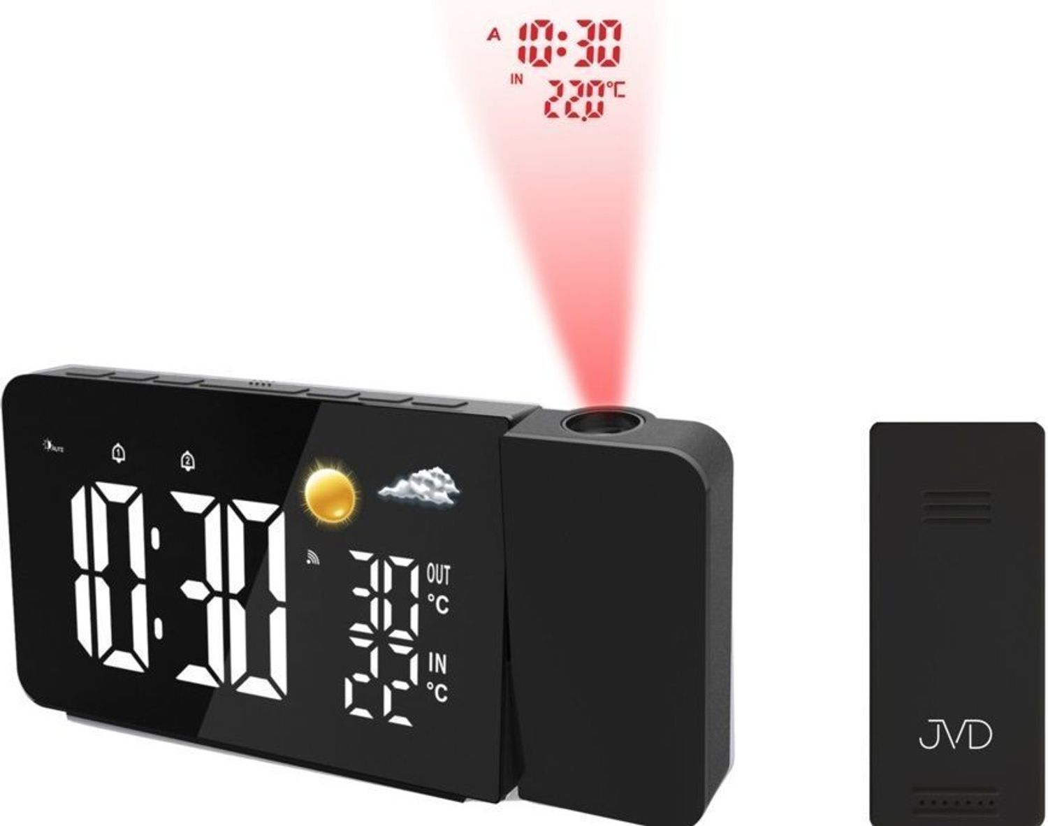 Zegar budzik LED JVD SB3211.1 z termometrem i projekcją, Budzik cyfrowy JVD z projektorem SB3618.1 wyposażony jest w kwarcowy mechanizm, zasilany za pomocą baterii..jpg