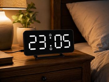 Budzik JVD SB3216.2 to cyfrowy budzik z czarną obudową, białymi cyframi, podświetleniem LED, alarmem, trzema czasami budzenia, trybem 1224 h i drzemką co 8 minut..jpg