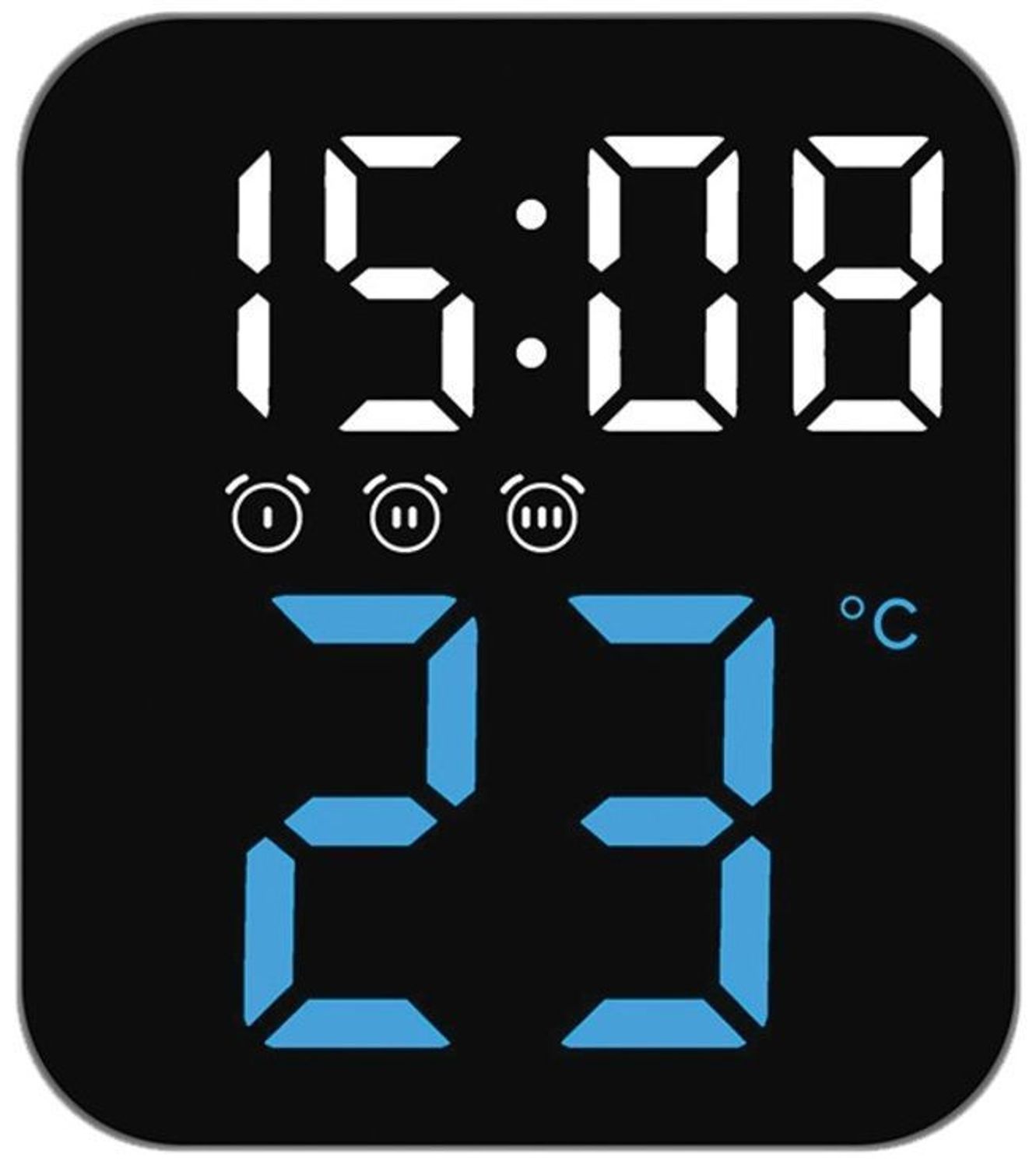 Czarny cyfrowy budzik z pomiarem temperatury JVD SB8015.3 Budzik cyfrowy JVD z termometrem sterowany radiowo SB8015.3 wyposażony jest w kwarcowy mechanizm, zasilany za pomocą baterii. Dodatkowo wyposażony jest w.jpg