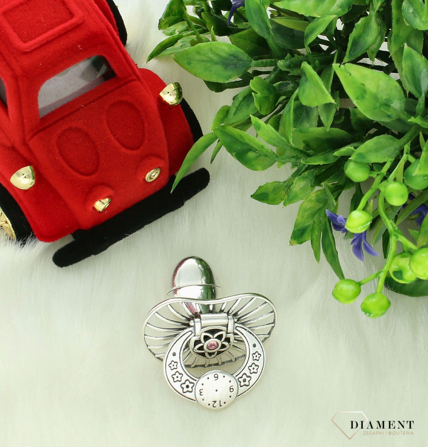 Srebrny smoczek na chrzest 925 zegar z kwiatkami do graweru DIA-SMO-11355-925 (3).jpg