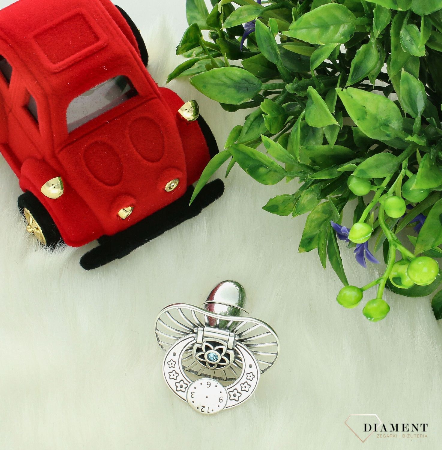 Srebrny smoczek na chrzest 925 zegar z kwiatkami do graweru DIA-SMO-11356-925 (2).jpg