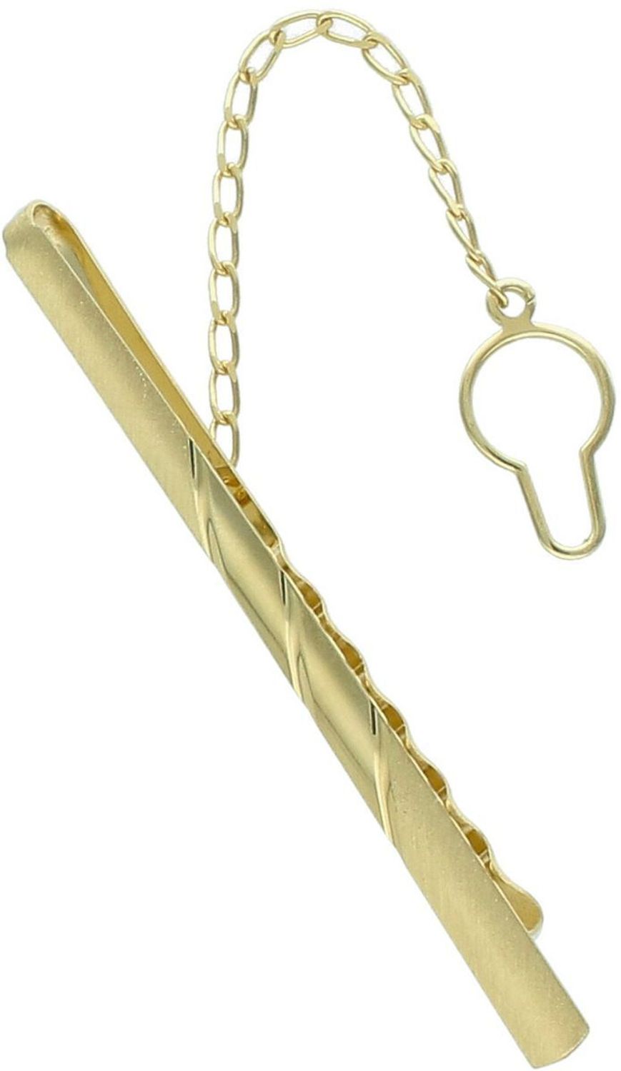 Elegancka spinka złota do krawata próby 585, zdobiona wzorem. Wymiary 6,0×0,5 cm, waga 3,26 g. Stylowy dodatek do garnituru i prezent dla mężczyzny.2.jpg