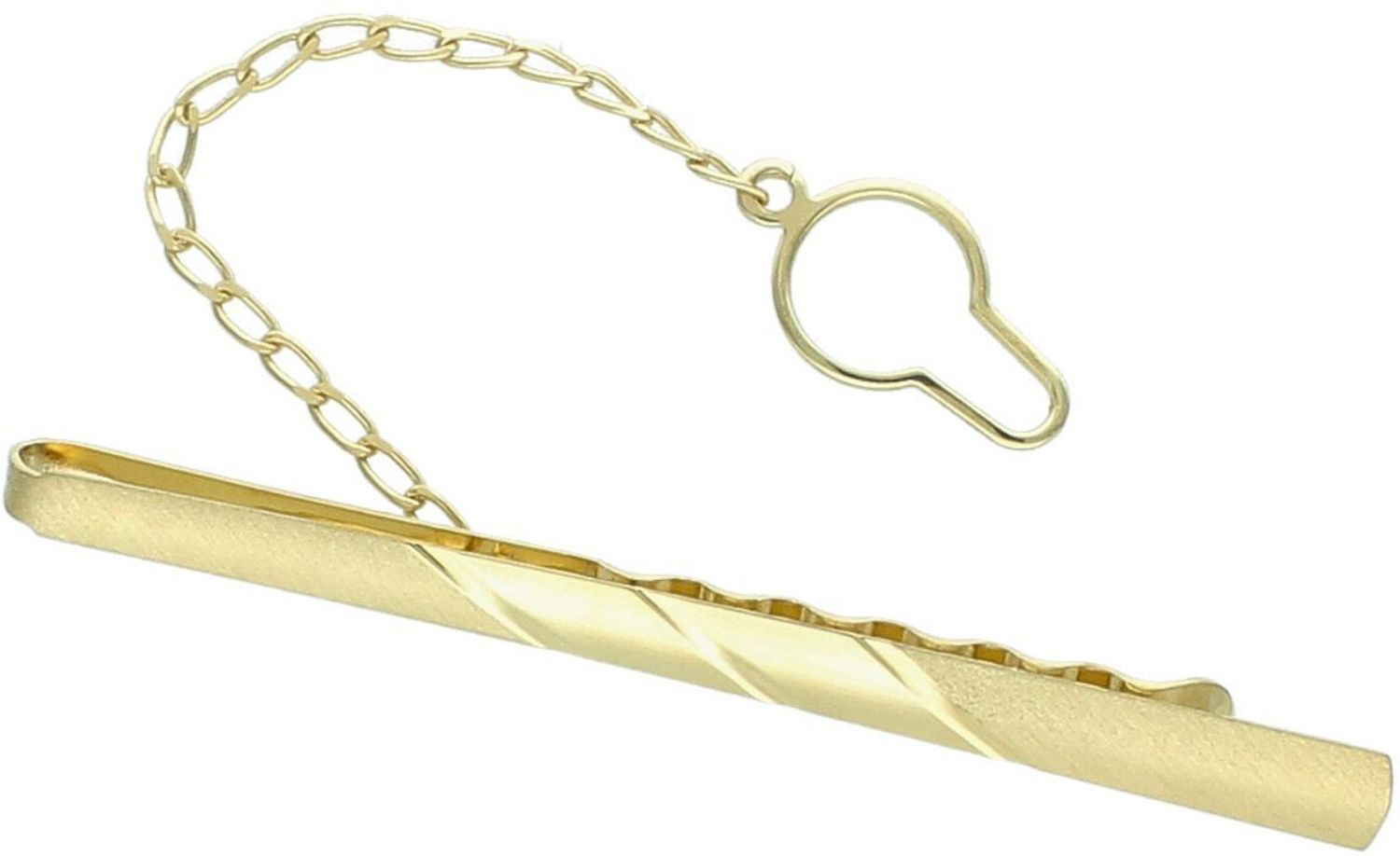 Elegancka spinka złota do krawata próby 585, zdobiona wzorem. Wymiary 6,0×0,5 cm, waga 3,26 g. Stylowy dodatek do garnituru i prezent dla mężczyzny.2.jpg