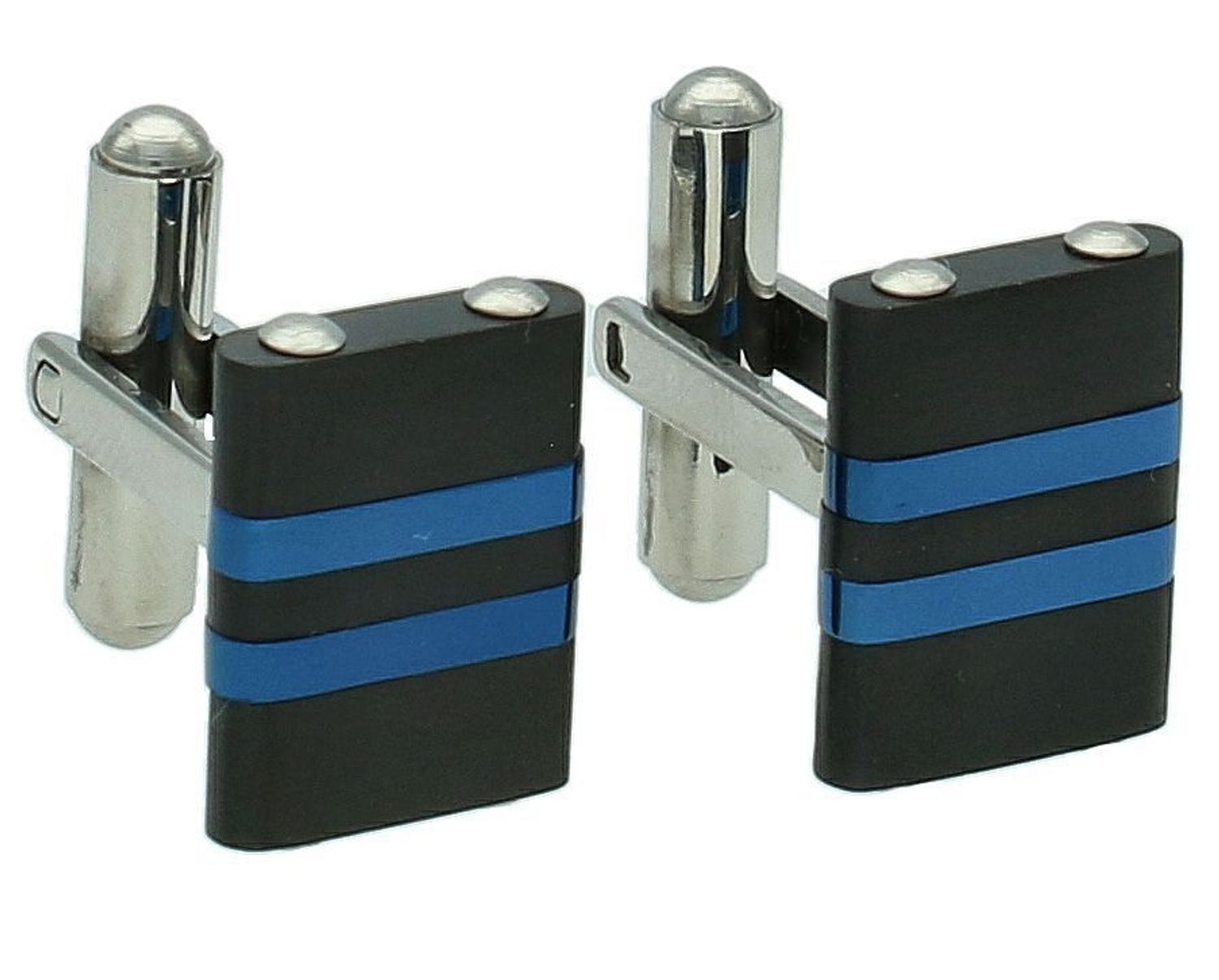 Spinki do mankietów czarne z granatem DIA-SPI-SP064254-STAL Komplet eleganckich, klasycznych spinek do koszuli  wykonanych ze stali. Spinki w kolorze czarnym  ozdobione granatowymi dwoma paskami.1.jpg