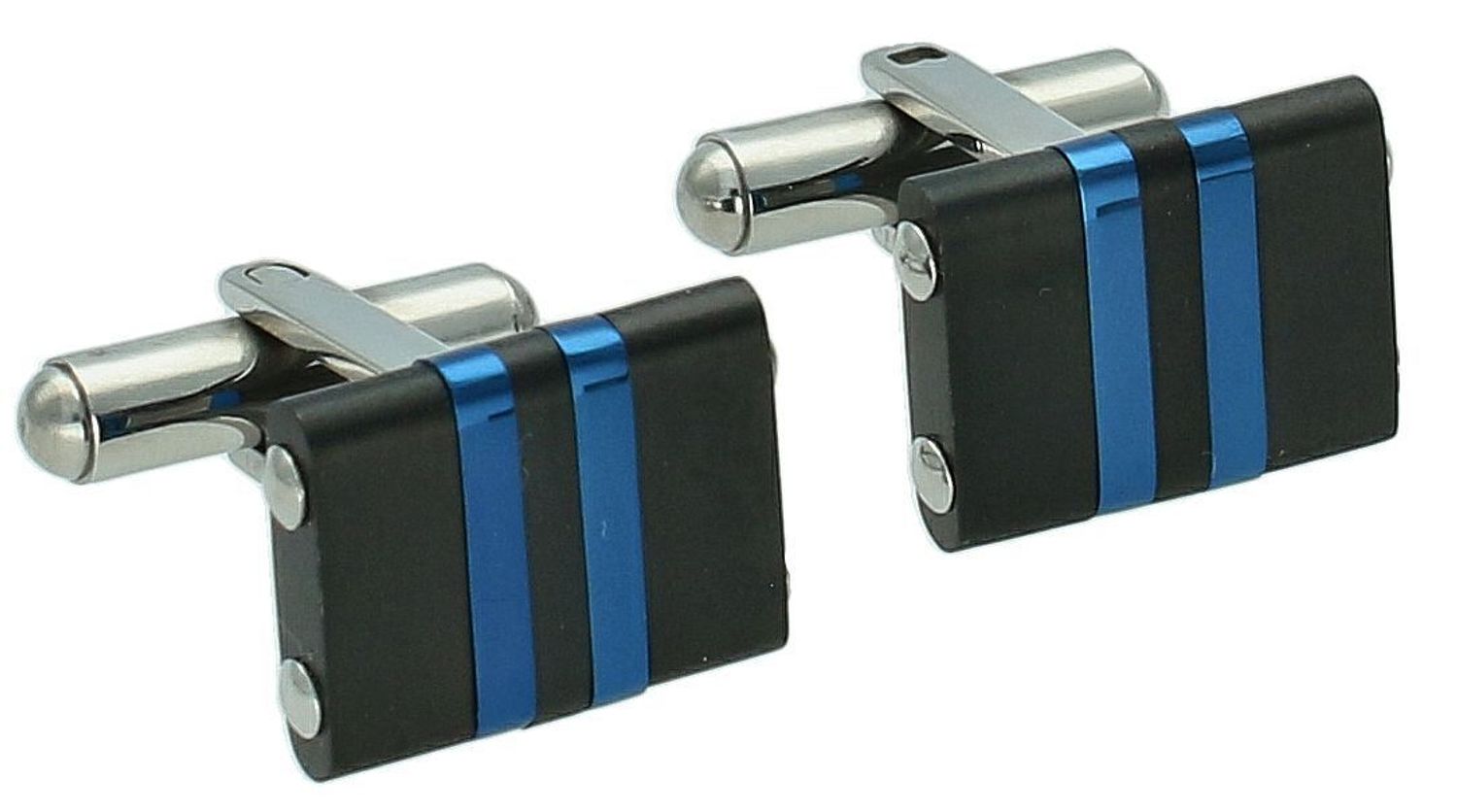 Spinki do mankietów czarne z granatem DIA-SPI-SP064254-STAL Komplet eleganckich, klasycznych spinek do koszuli  wykonanych ze stali. Spinki w kolorze czarnym  ozdobione granatowymi dwoma paskami.1.jpg