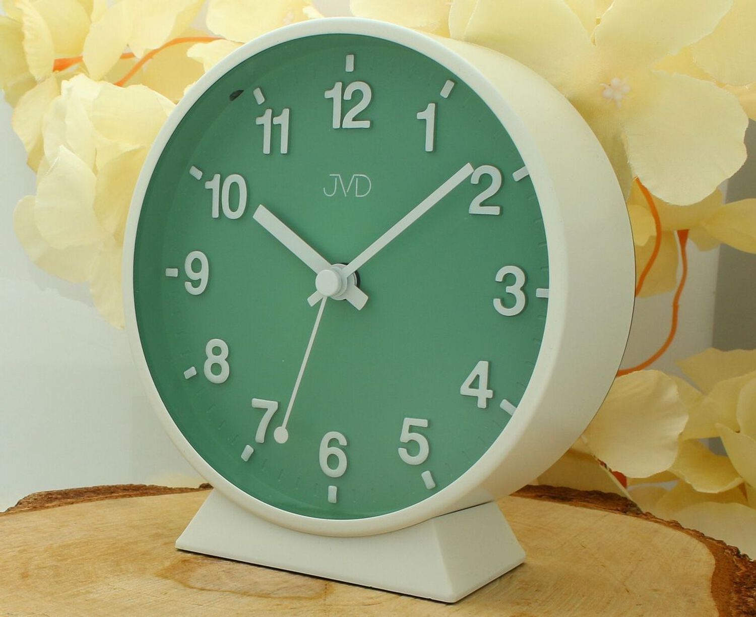 Budzik JVD SRP1006.2 – Okrągły, biały, alarm, drzemka, zielona tarcza.jpg