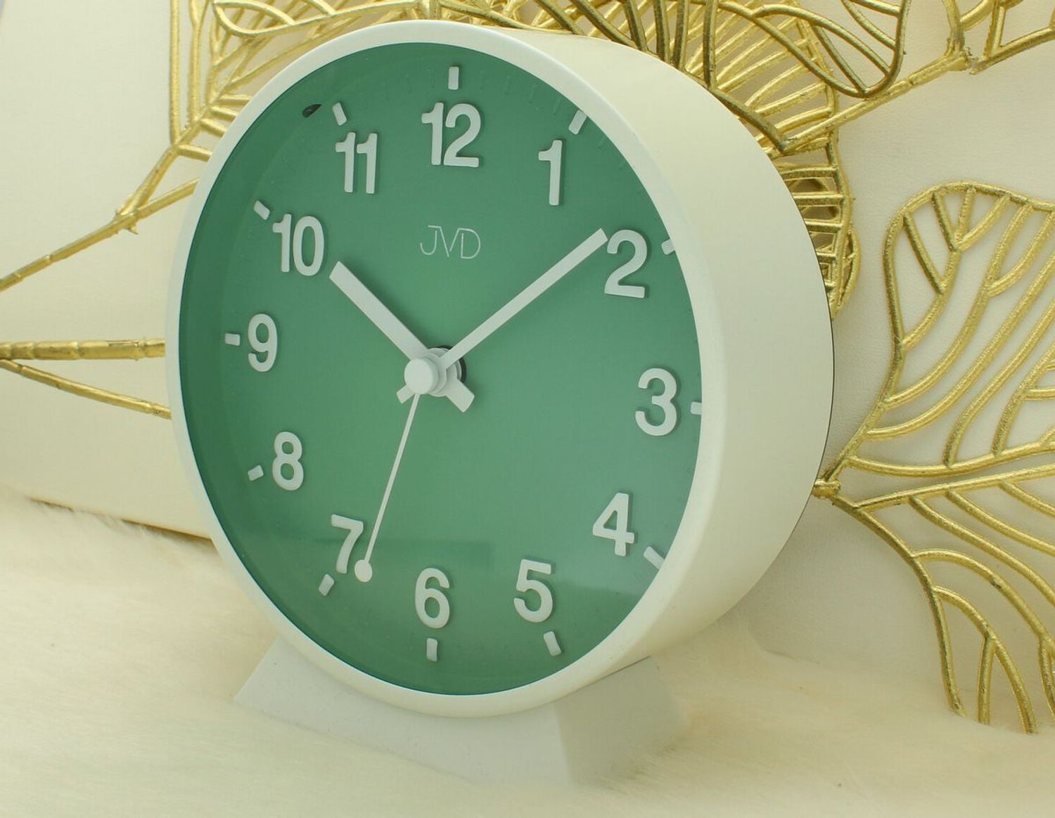 Budzik JVD SRP1006.2 – Okrągły, biały, alarm, drzemka, zielona tarcza.jpg