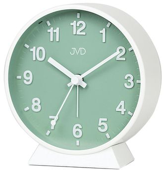 Budzik JVD SRP1006.2 – Okrągły, biały, alarm, drzemka, zielona tarcza.jpg