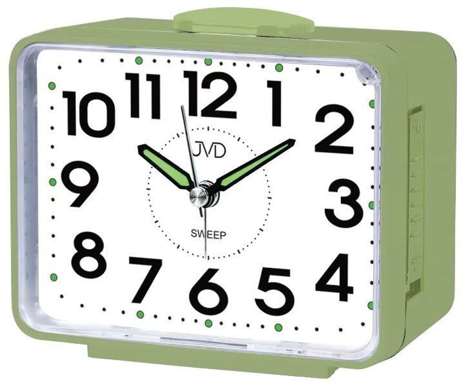 Budzik klasyczny JVD cichy mechanizm drzemka SRP1101.2 zielony. Budzik klasyczny JVD. Klasyczny budzik zielony. Budzik kwadratowy z cichym mechanizmem. Duży budzik z drzemką..jpg