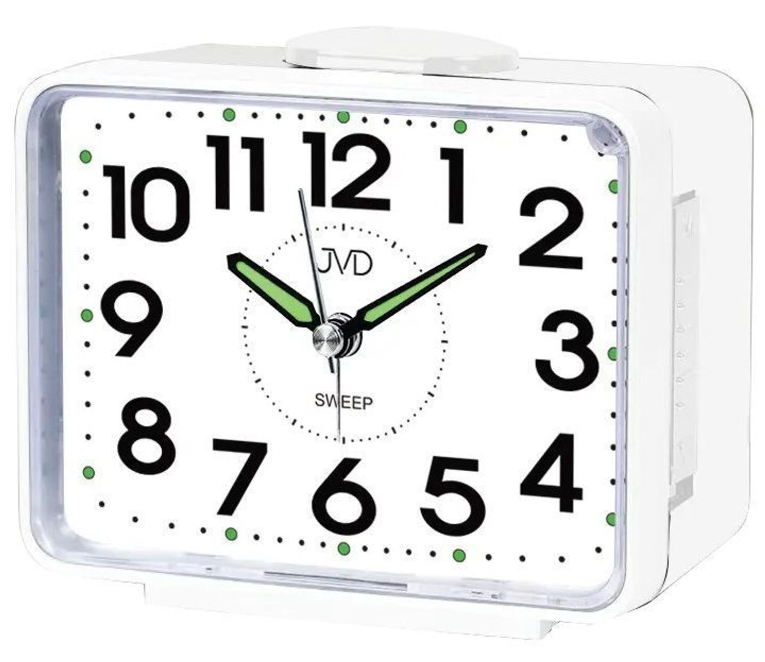 Budzik klasyczny JVD cichy mechanizm drzemka SRP1101.3 biały. Budzik klasyczny JVD. Klasyczny budzik niebieski. Budzik kwadratowy z cichym mechanizmem. Duży budzik z drzemką..jpg