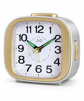 Budzik JVD SRP120.1 srebrny z analogową tarczą, płynnym mechanizmem i powtarzaniem alarmu co 4 minuty. Wymiary 120 × 65 × 105 mm (2).jpg