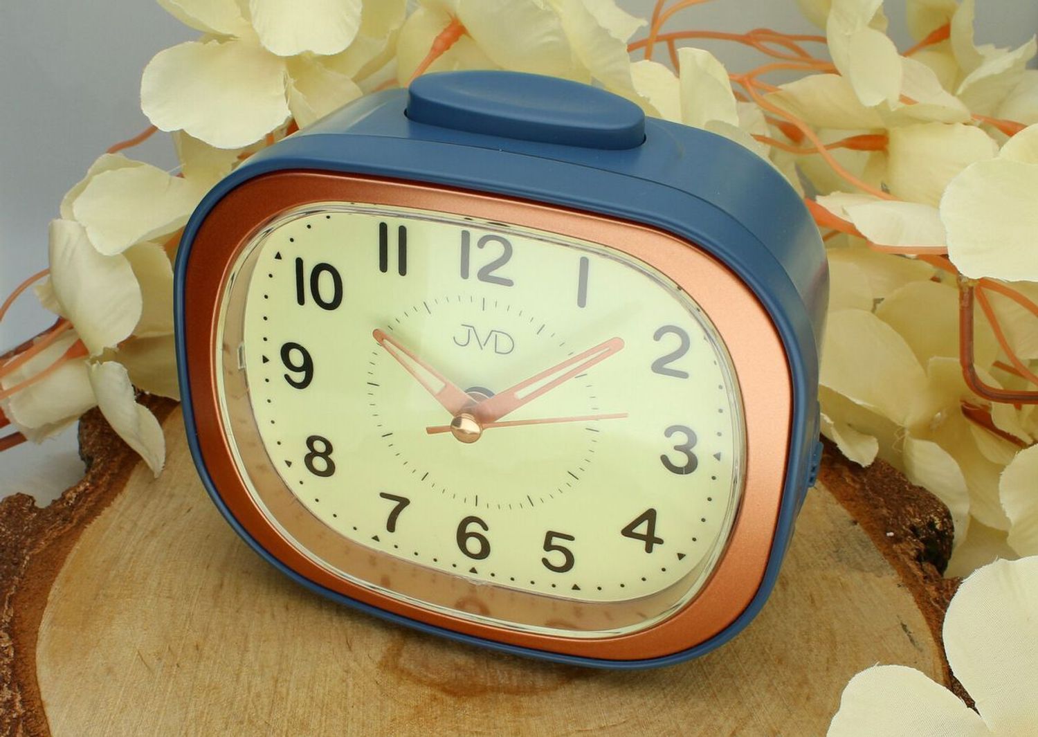 Budzik JVD SRP1201.1 – Granatowa obudowa z różowym złotem, alarm, drzemka, płynny sekundnik.jpg