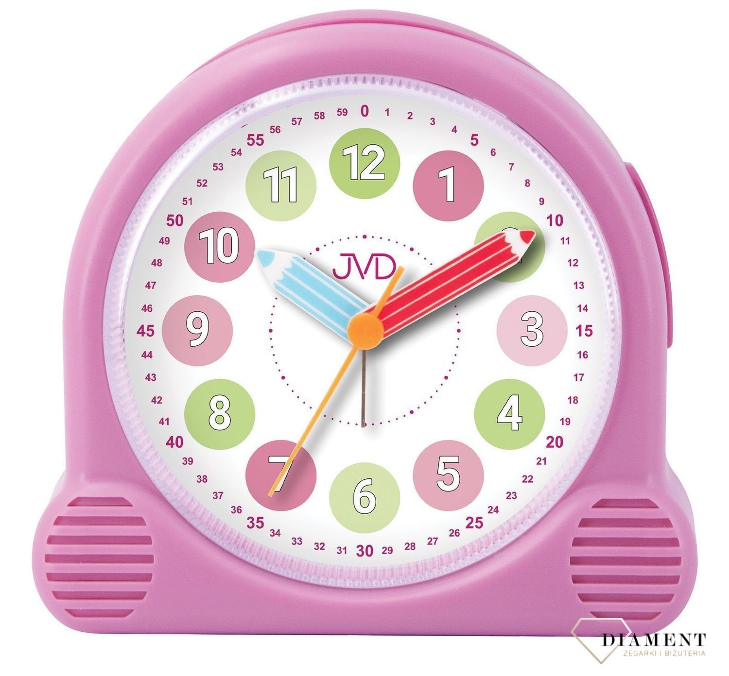 Budzik dziecięcy Kredki różowy SRP160.1. Budzik dla dzieci. Budzik dla dziewczynki. Kolorowy budzik na biurko. Śmieszny budzik. Budzik do pokoju dziecięcego. Budzik z kredkami..jpg