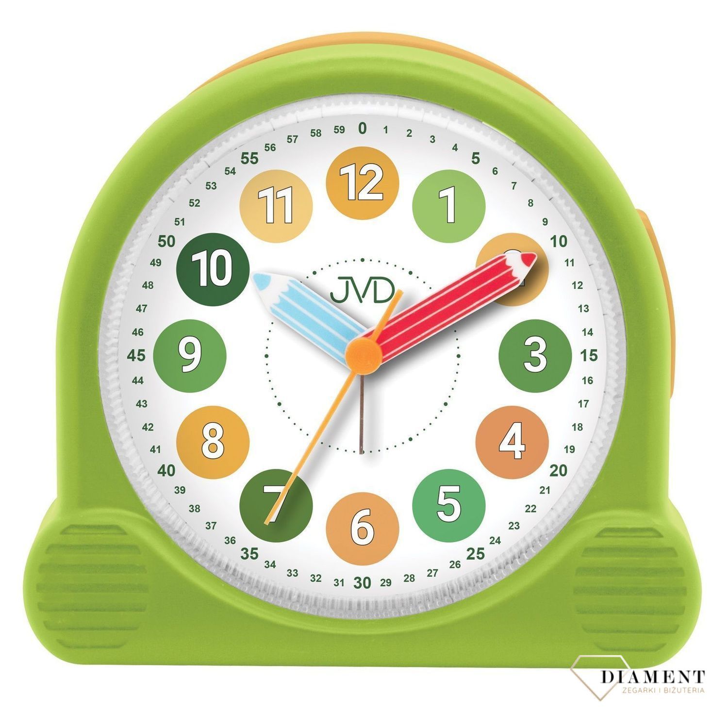 Budzik dziecięcy Kredki zielony SRP160.2.  Budzik dla dzieci. Budzik dla chłopca. Kolorowy budzik na biurko. Śmieszny budzik. Budzik do pokoju dziecięcego. Budzik z kredkami..jpg