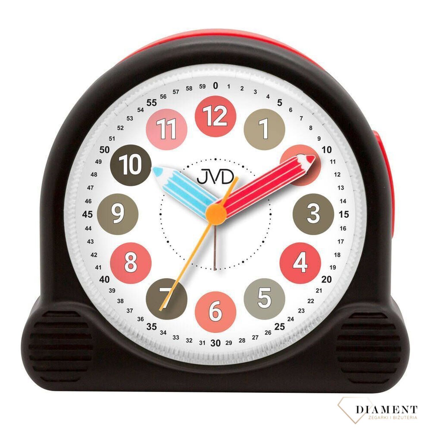 Budzik dziecięcy JVD SRP160.3 cichy mechanizm Kredki czarny. ⭐ W atrakcyjnej cenie! ⭐.  Budzik dla dzieci. Budzik dla chłopca. Kolorowy budzik na biurko. Śmieszny budzik. Budzik do pokoju dziecięcego. Budzik z kredkami..jpg