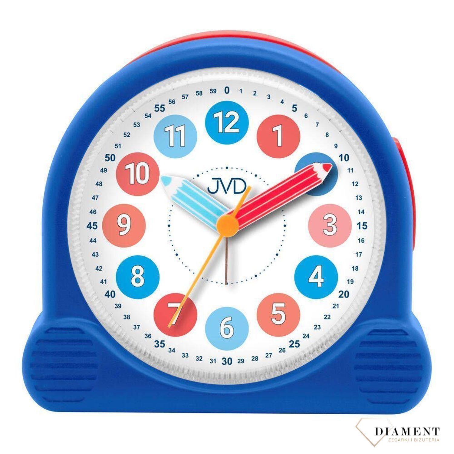 Budzik dziecięcy JVD SRP160.4 cichy mechanizm Kredki niebieski. Kredki niebieski⭐ W atrakcyjnej cenie! ⭐.  Budzik dla dzieci. Budzik dla chłopca. Kolorowy budzik na biurko. Śmieszny budzik. Budzik do pokoju dziecięcego. Budzik z kredkami..jpg