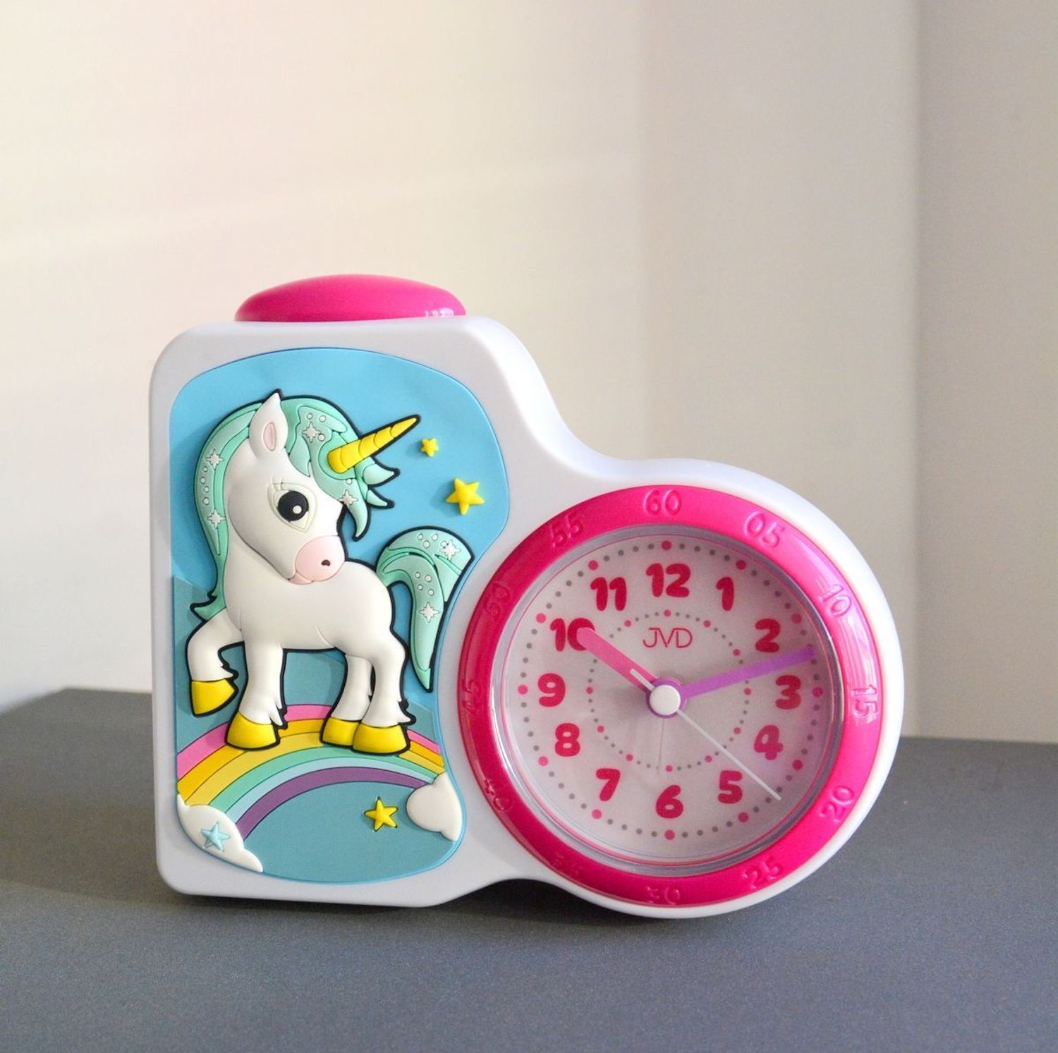 Budzik dziecięcy JVD dla dziewczynki z jednorożcem SRP163.2.  Budzik dla dzieci. Budzik dla dziewczynki. Kolorowy budzik na biurko. Śmieszny budzik. Budzik do pokoju dziecięcego. Budzik Jednorożec..jpg