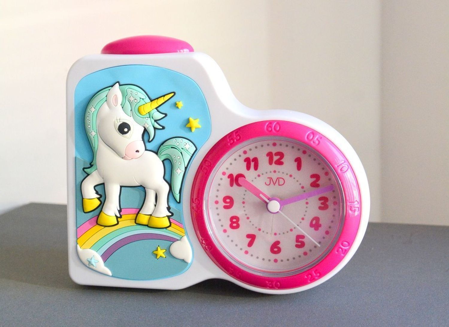 Budzik dziecięcy JVD dla dziewczynki z jednorożcem SRP163.2.  Budzik dla dzieci. Budzik dla dziewczynki. Kolorowy budzik na biurko. Śmieszny budzik. Budzik do pokoju dziecięcego. Budzik Jednorożec..jpg
