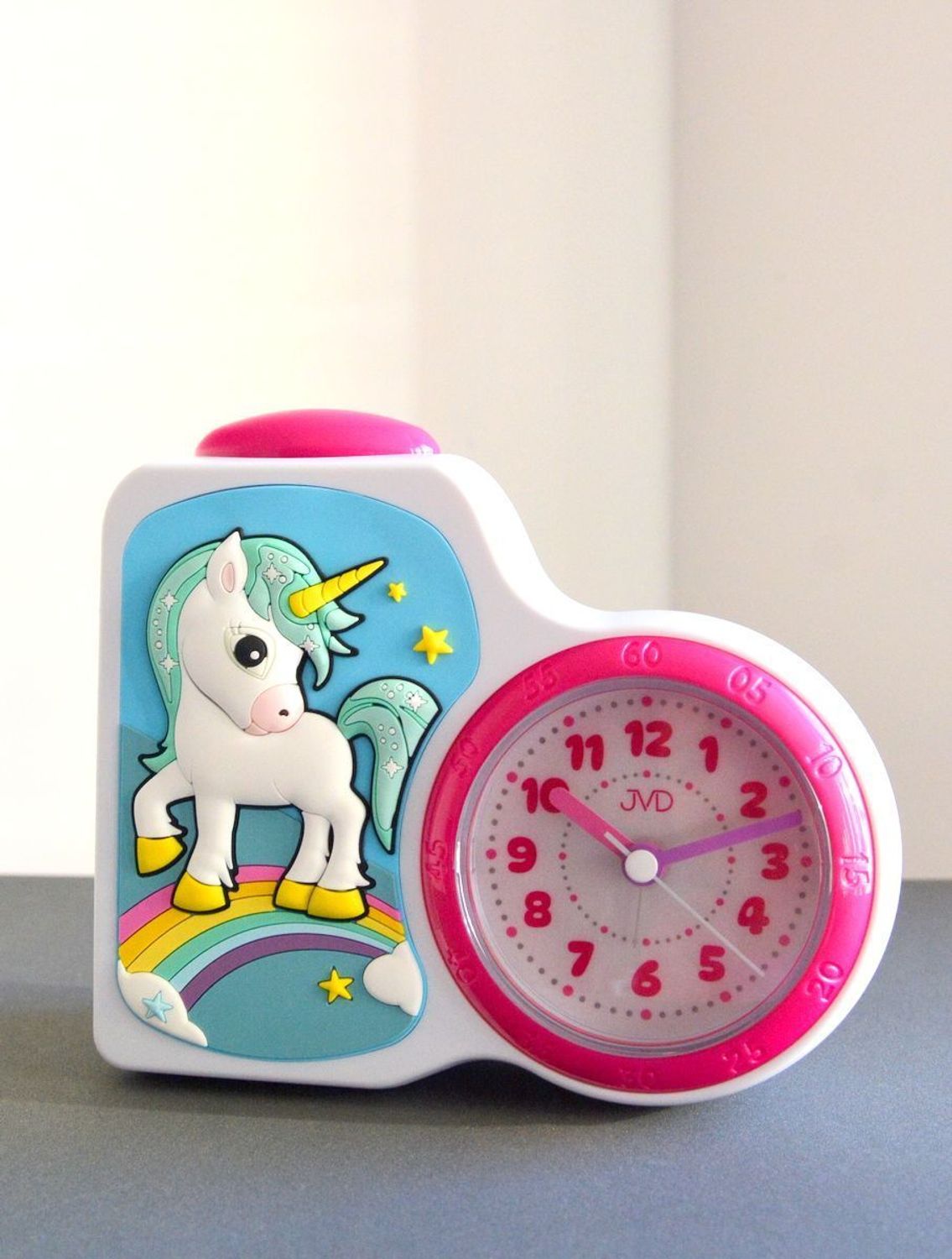 Budzik dziecięcy JVD dla dziewczynki z jednorożcem SRP163.2.  Budzik dla dzieci. Budzik dla dziewczynki. Kolorowy budzik na biurko. Śmieszny budzik. Budzik do pokoju dziecięcego. Budzik Jednorożec..jpg