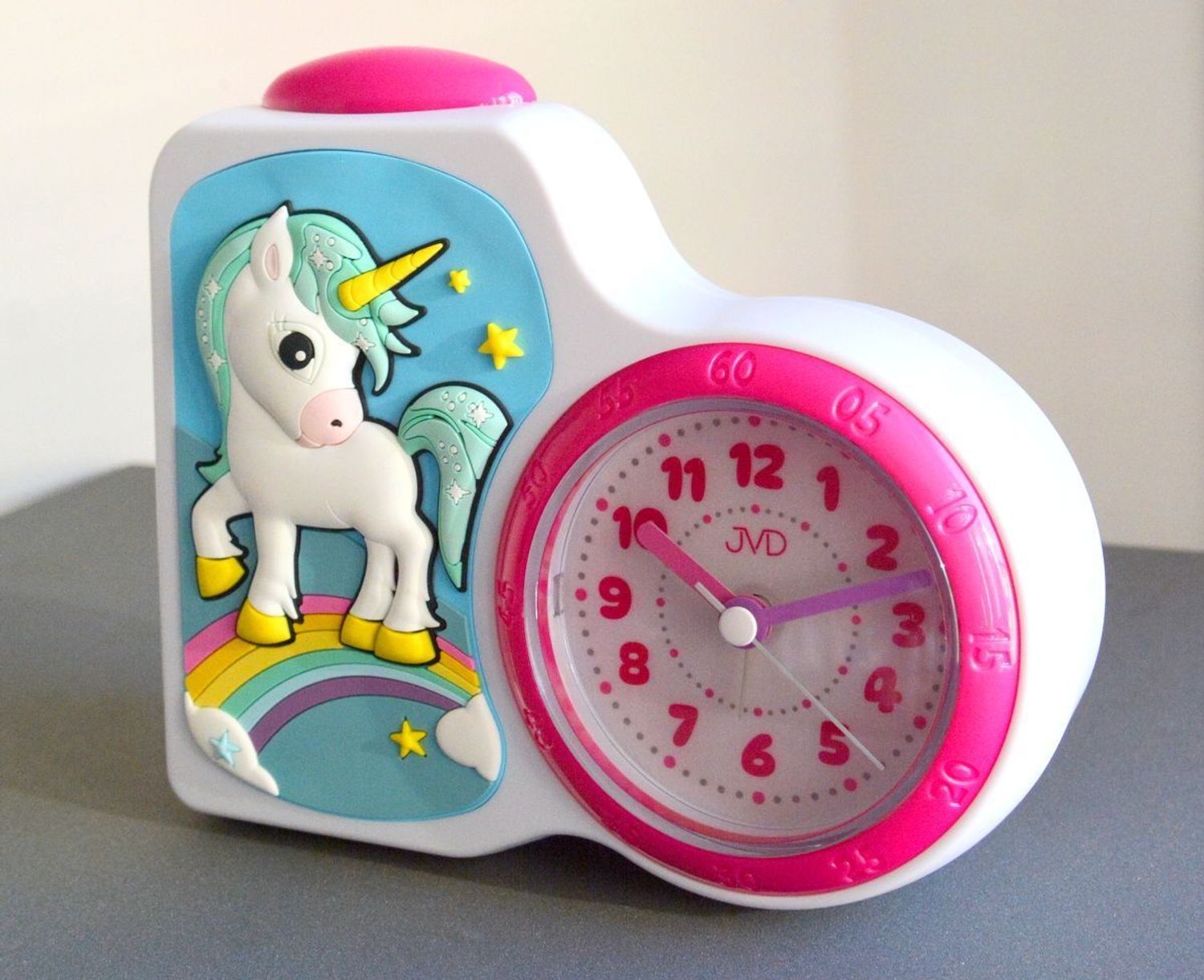Budzik dziecięcy JVD dla dziewczynki z jednorożcem SRP163.2.  Budzik dla dzieci. Budzik dla dziewczynki. Kolorowy budzik na biurko. Śmieszny budzik. Budzik do pokoju dziecięcego. Budzik Jednorożec..jpg
