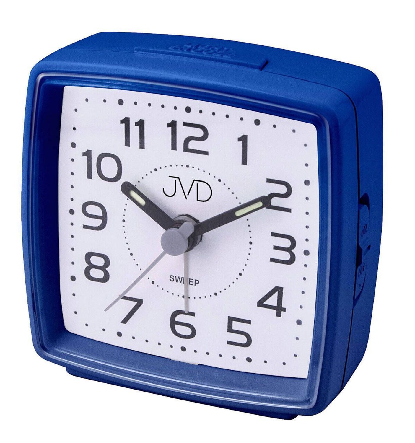 Budzik klasyczny JVD cichy mechanizm drzemka SRP28.3 granatowy. Budzik klasyczny JVD. Klasyczny budzik srebrny. Budzik kwadratowy z cichym mechanizmem. Mały budzik z drzemką..jpg