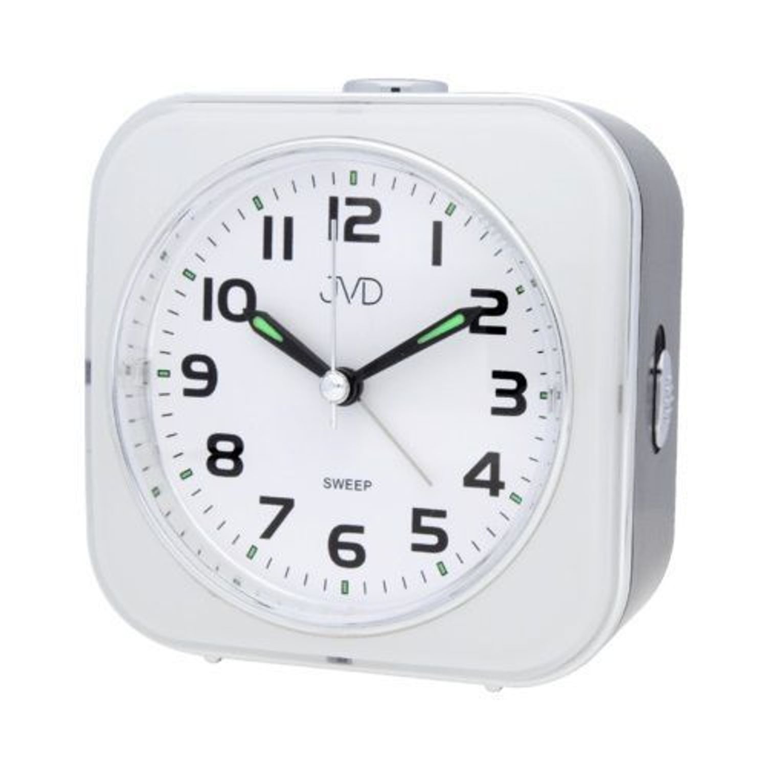 Budzik na baterię JVD czarno biały SRP801.1 ✅ Budzik JVD w kwadratowej obudowie w kolorze szarym z białą czytelną tarczą ✅.jpg