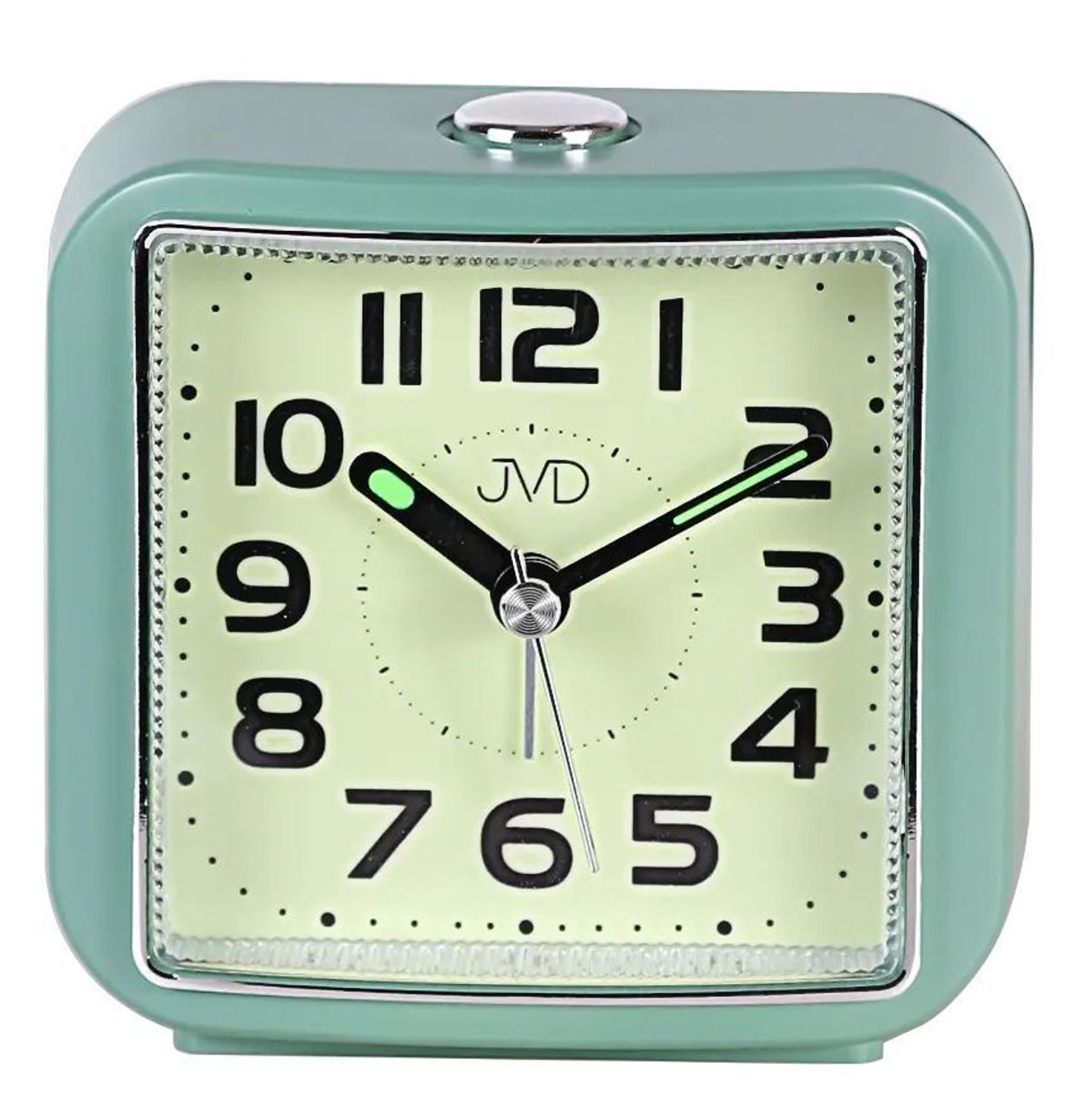 Budzik JVD SRP8204.2 – Kwadratowy, zielony, alarm, drzemka, luminescencyjne wskazówki.jpg