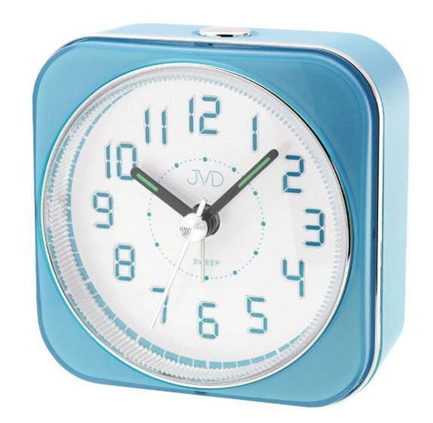 Budzik JVD SRP901.1. Mały budzik z funkcją alarmu. Budzik z podświetleniem. Budzik kwadratowy z podświetlanymi cyframi. Mały budzik w niebieskim kolorze..jpg
