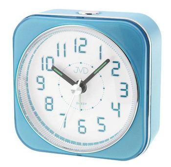 Budzik JVD SRP901.1. Mały budzik z funkcją alarmu. Budzik z podświetleniem. Budzik kwadratowy z podświetlanymi cyframi. Mały budzik w niebieskim kolorze..jpg
