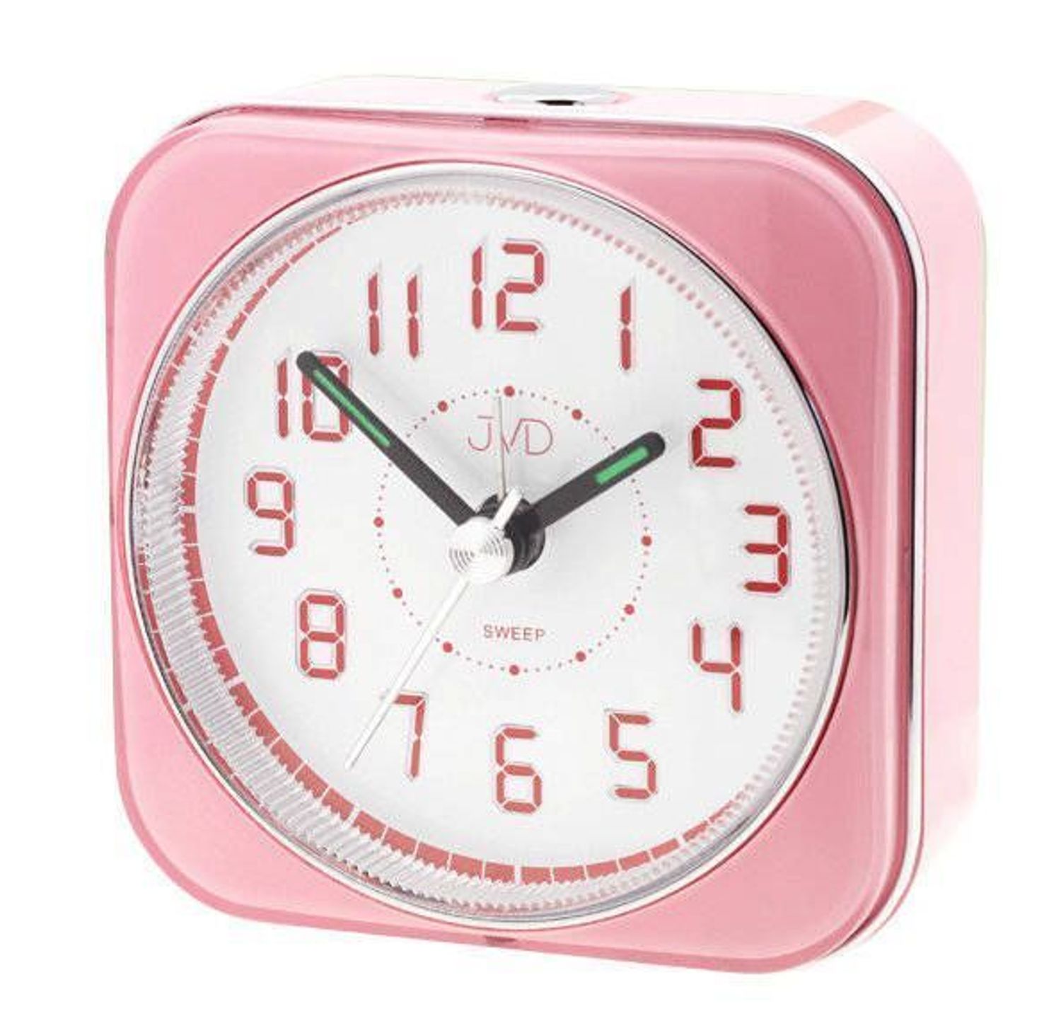 Budzik JVD SRP901.2. Mały budzik z funkcją alarmu. Budzik z podświetleniem. Budzik kwadratowy z podświetlanymi cyframi. Mały budzik w różowym kolorze..jpg