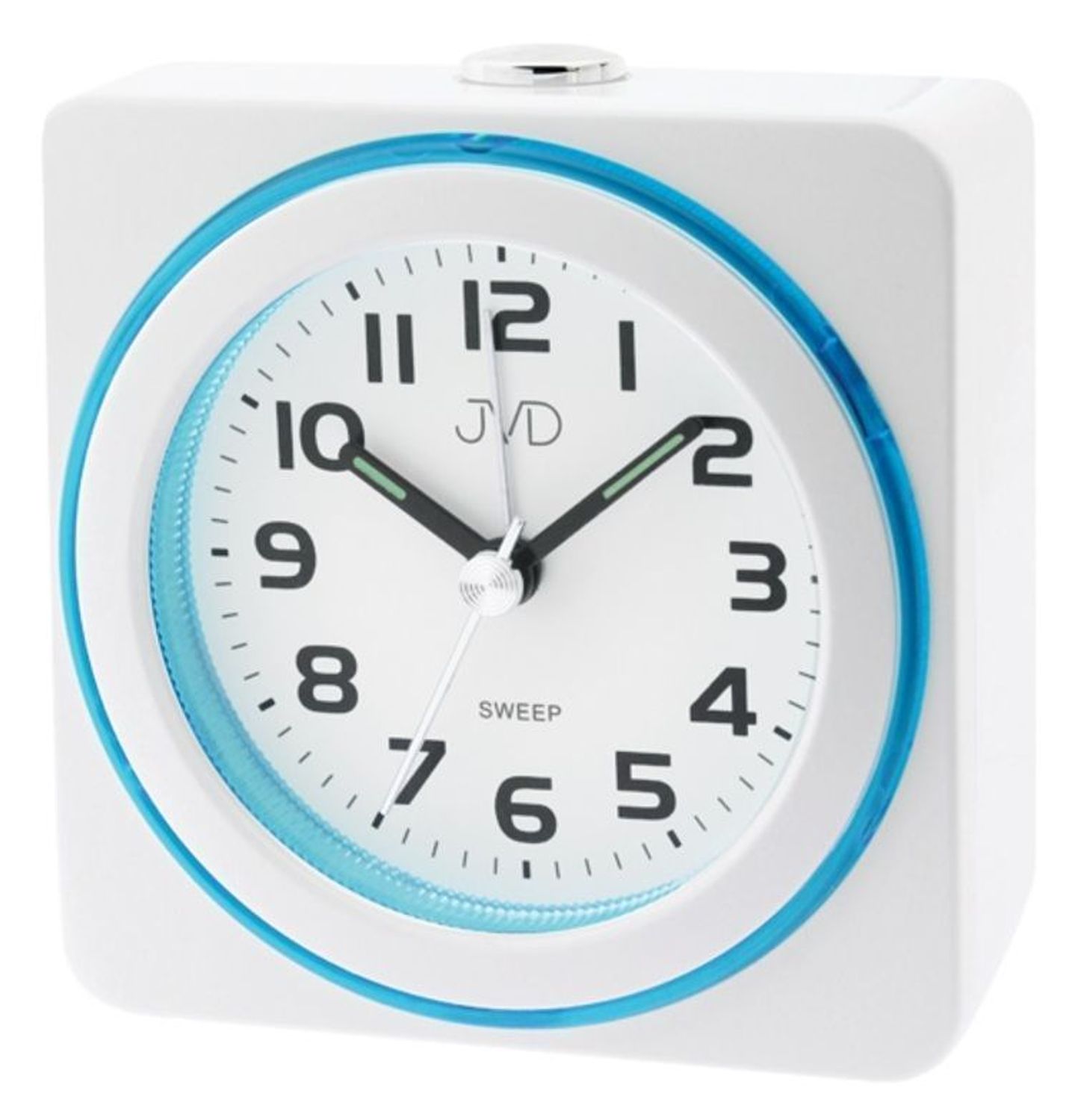 Budzik na baterię biały SRP909.2 JVD. wyposażony jest w kwarcowy mechanizm, zasilany za pomocą baterii. Budzik posiada bardzo wysoką dokładność mierzenia czasu +- 10 sekund w przeciągu 30 dni..jpg