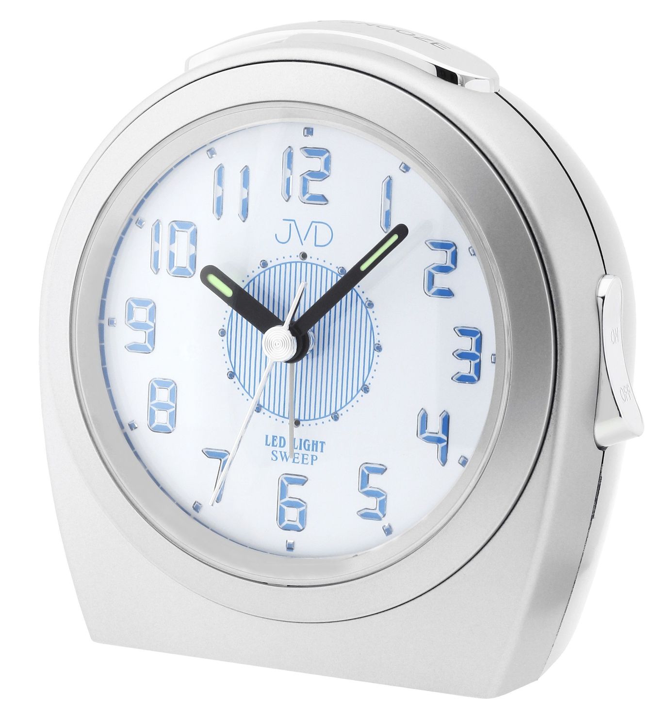 Budzik na baterię JVD SRP910.16 Light Sensor srebrny z niebieskimi cyframizz (2).jpg