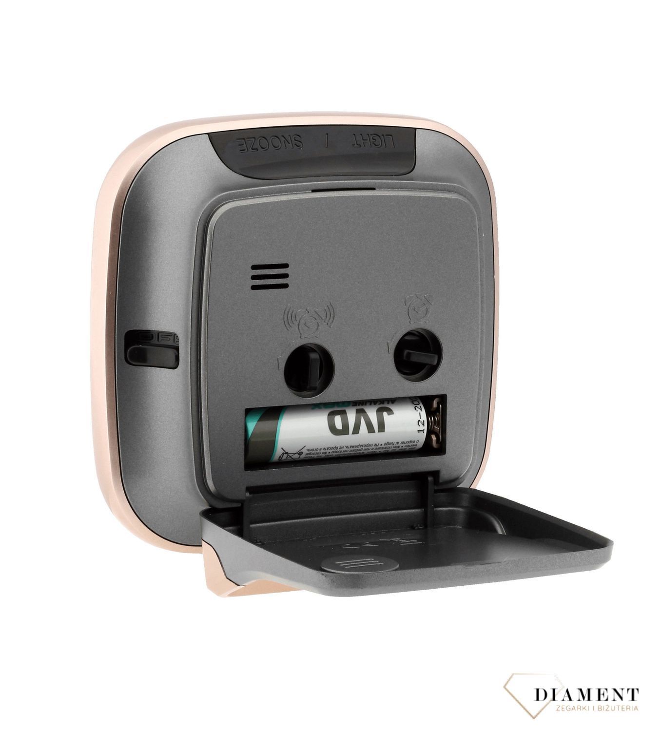 Budzik nowoczesny JVD w obudowie w kolorze różowego złota i szarego SRPC09 (2).jpg