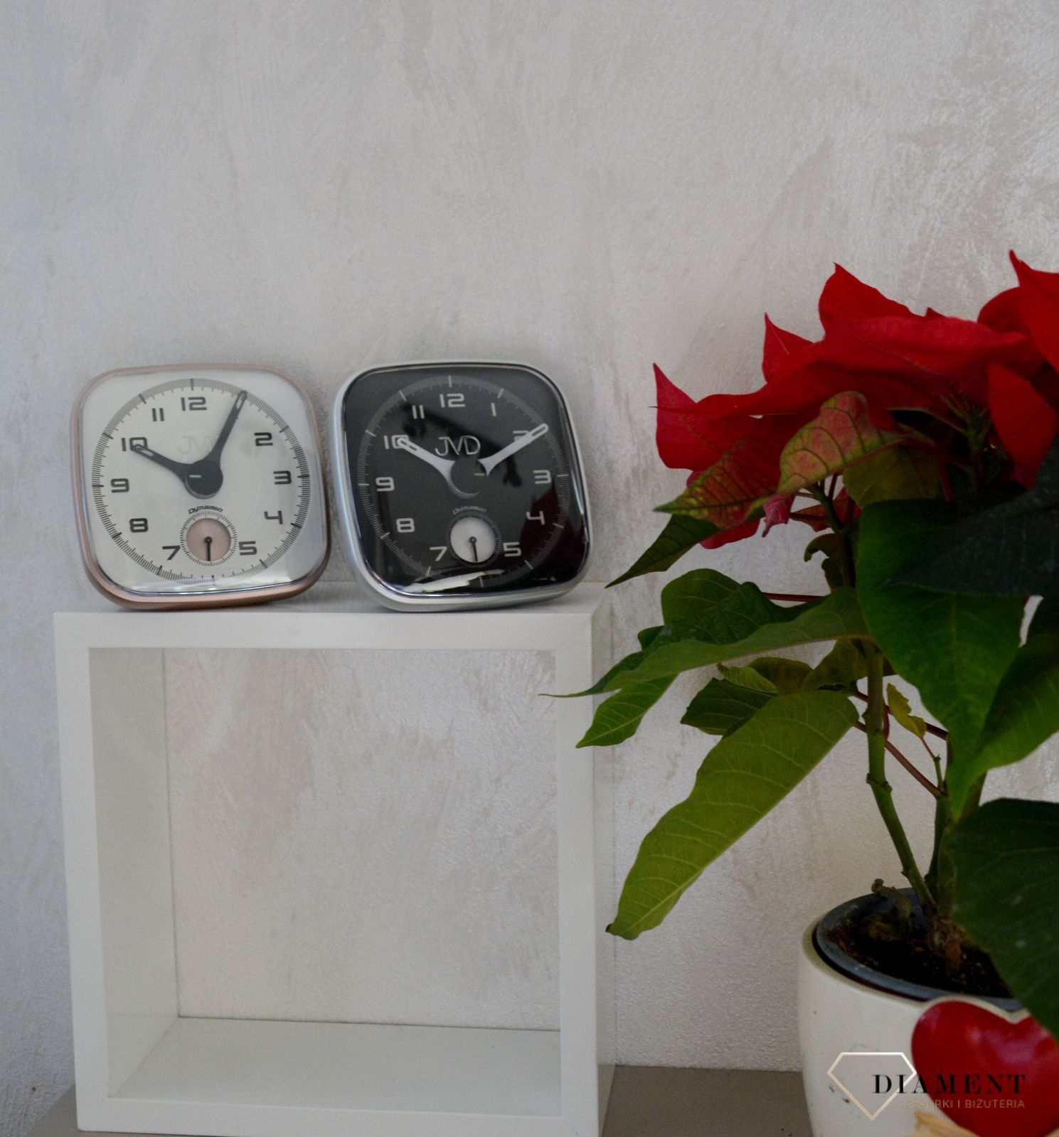 Budzik nowoczesny JVD w obudowie w kolorze różowego złota i szarego SRPC09 (2).jpg