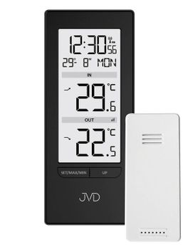 Termometr JVD T3348.1 zegar sterowany radiowo czarny. Termometr na zewnątrz. Termometr domowy elektroniczny z czujnikiem. Zegar sterowany radiowo. Zegar z termometrem..jpg