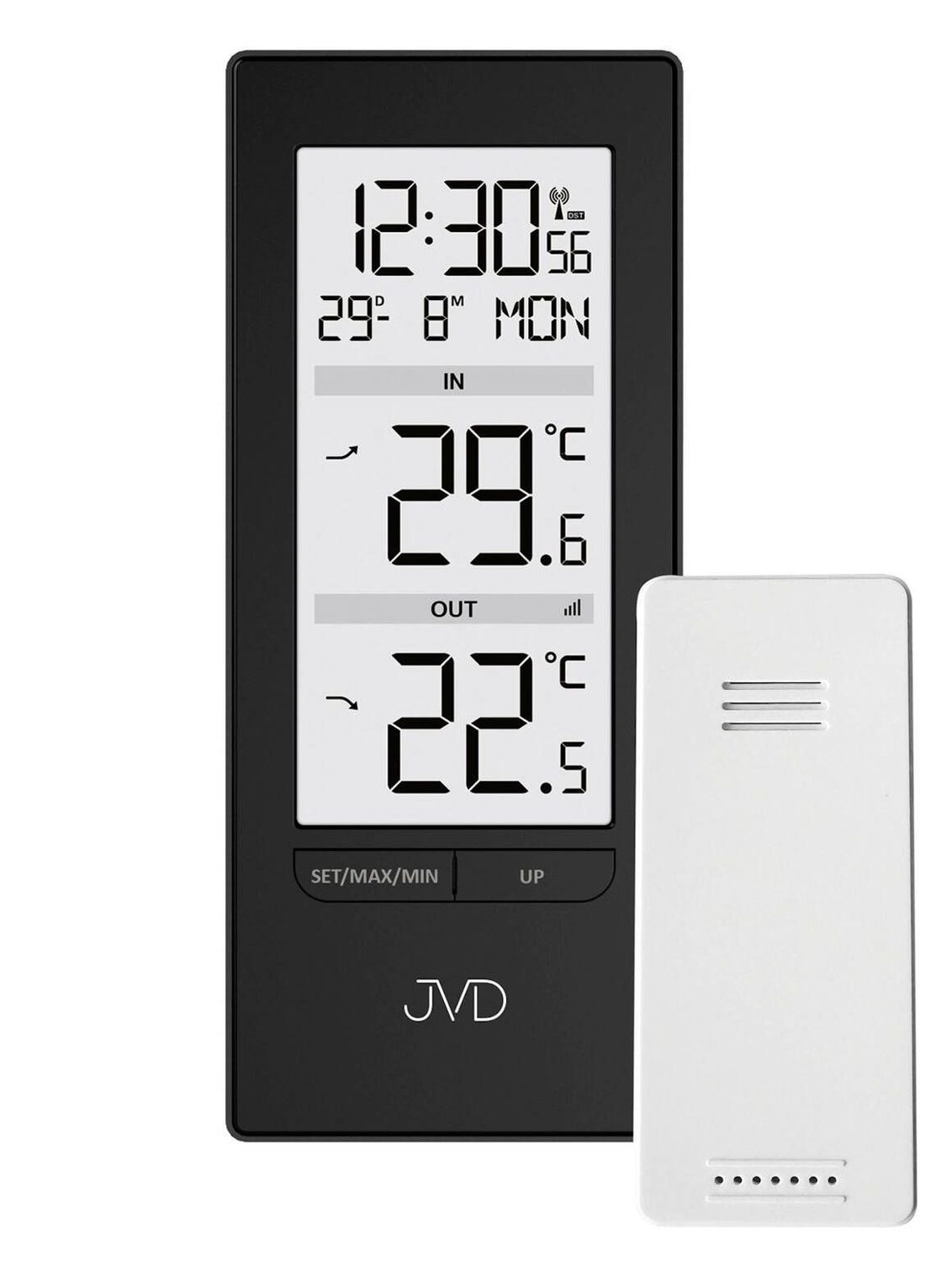 Termometr JVD T3348.1 zegar sterowany radiowo czarny. Termometr na zewnątrz. Termometr domowy elektroniczny z czujnikiem. Zegar sterowany radiowo. Zegar z termometrem..jpg