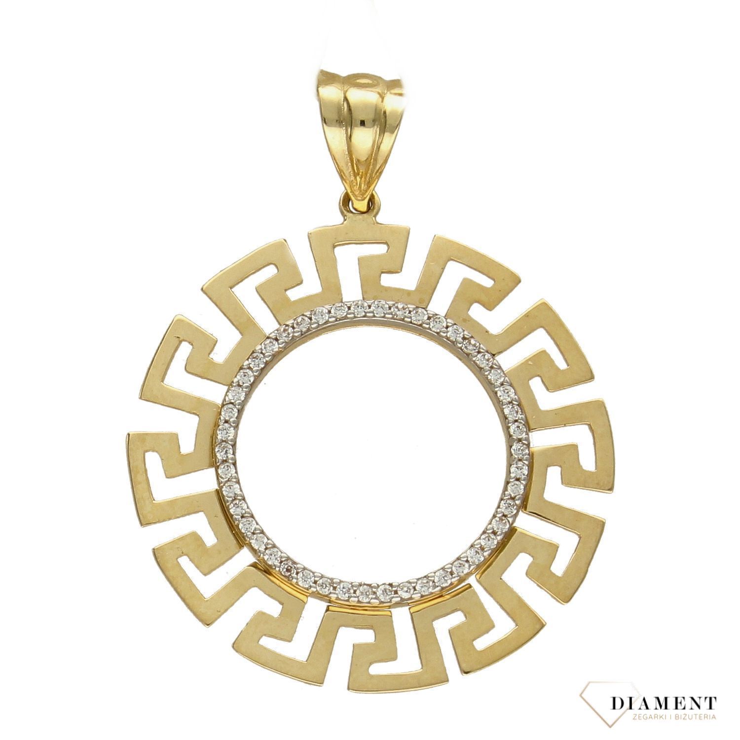 Złota zawieszka 585 okrągła wzór grecki z cyrkonią DIA-ZAW-0442-585.jpg