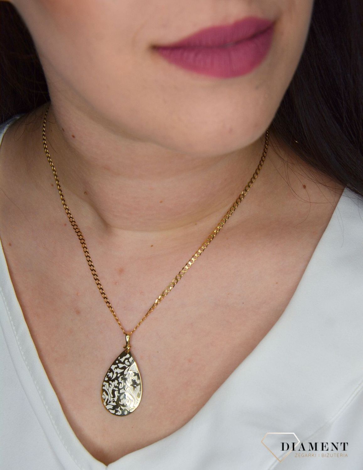 Złota zawieszka 585 łezka ażurowa z białą emalią DIA-ZAW-0445-585.jpg